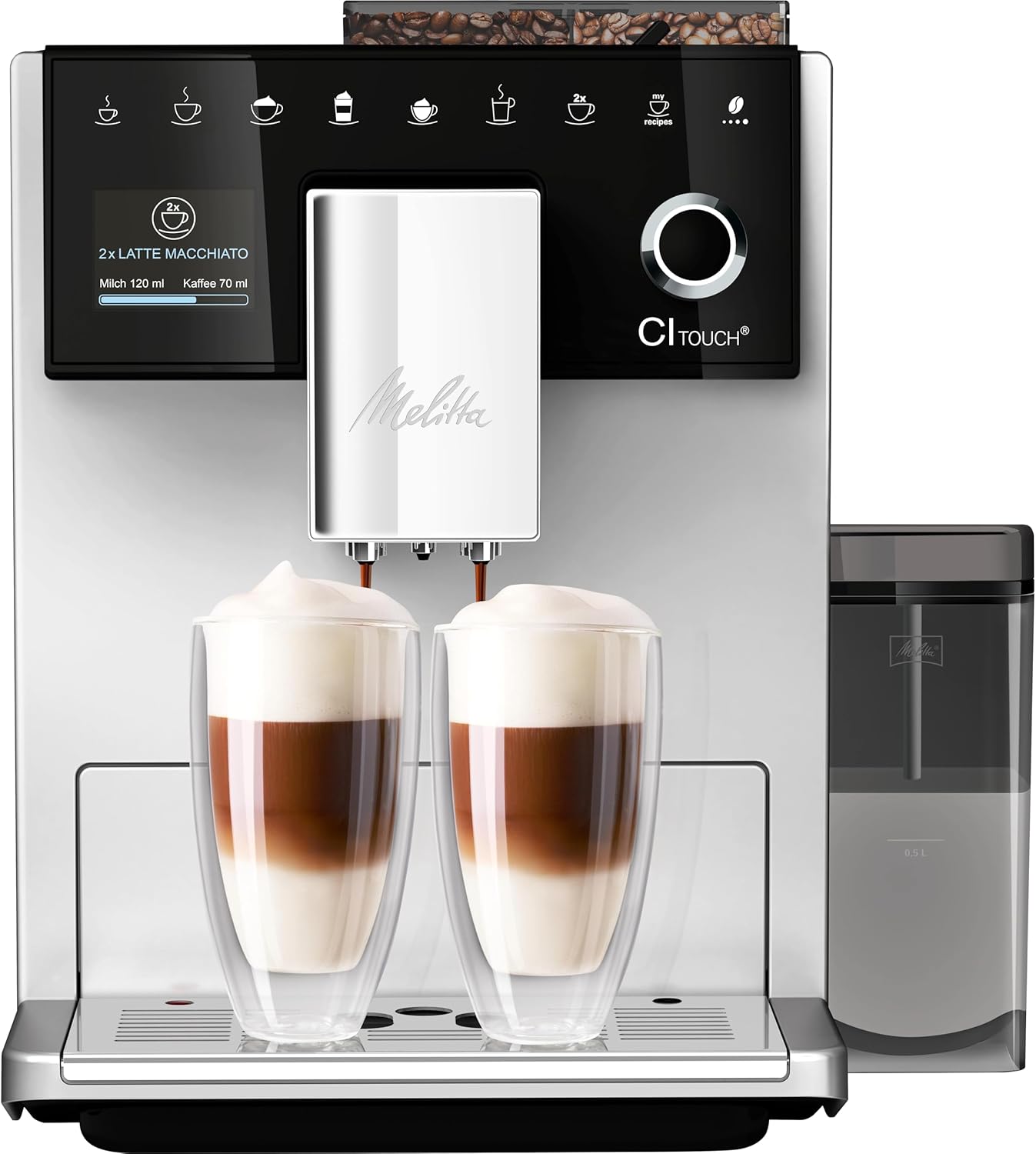 Melitta CI Touch Fully Automatic Coffee Machine with Milk System, Coffee Machine with Integrated Coffee Grinder and Milk Frother for Espresso or Cappuccino, Silver