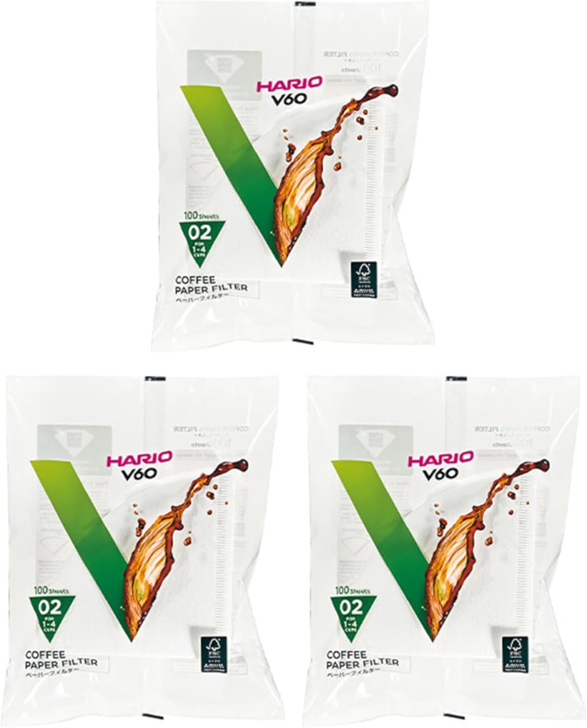 Hario V60 Size 02 - 3 packs of 100 white paper coffee filters VCF-02-100W (total 300 paper filters) Import Japan