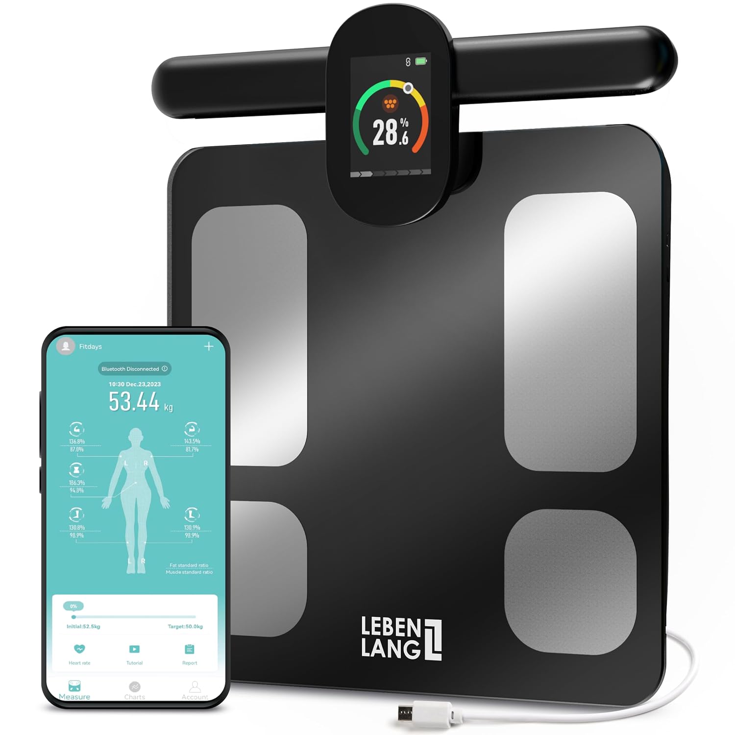 LEBENLANG Store LEBENLANG Fitness Body Fat Scales with Hand Sensors - Large Display & App Connect, 29 Readings up to 180 kg, Body Scales with Body Fat & Muscle Mass, Personal Scales Body Analysis Scales
