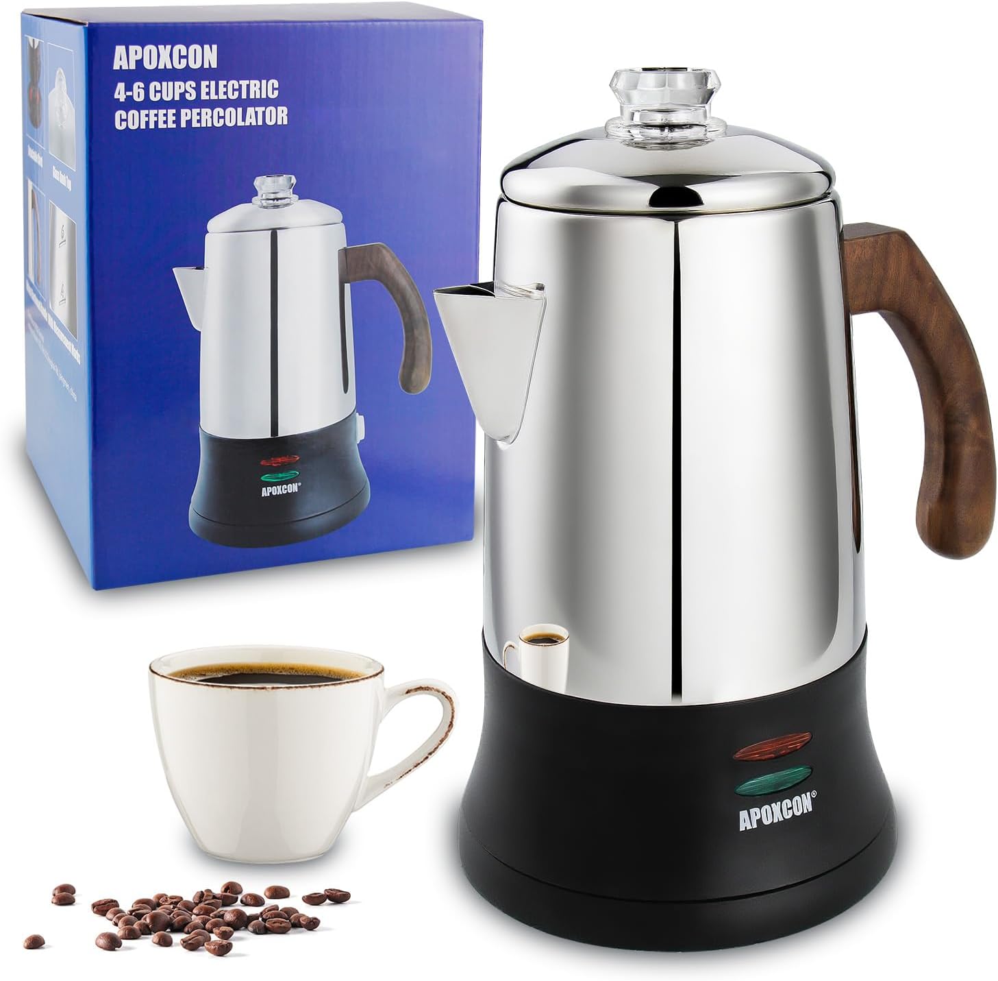 Stainless Steel 18/8 (SS304) Coffee Pot (6 Cups) - with Viewing Glass, Keep Warm Function & Cordless Design for Household/Hotel