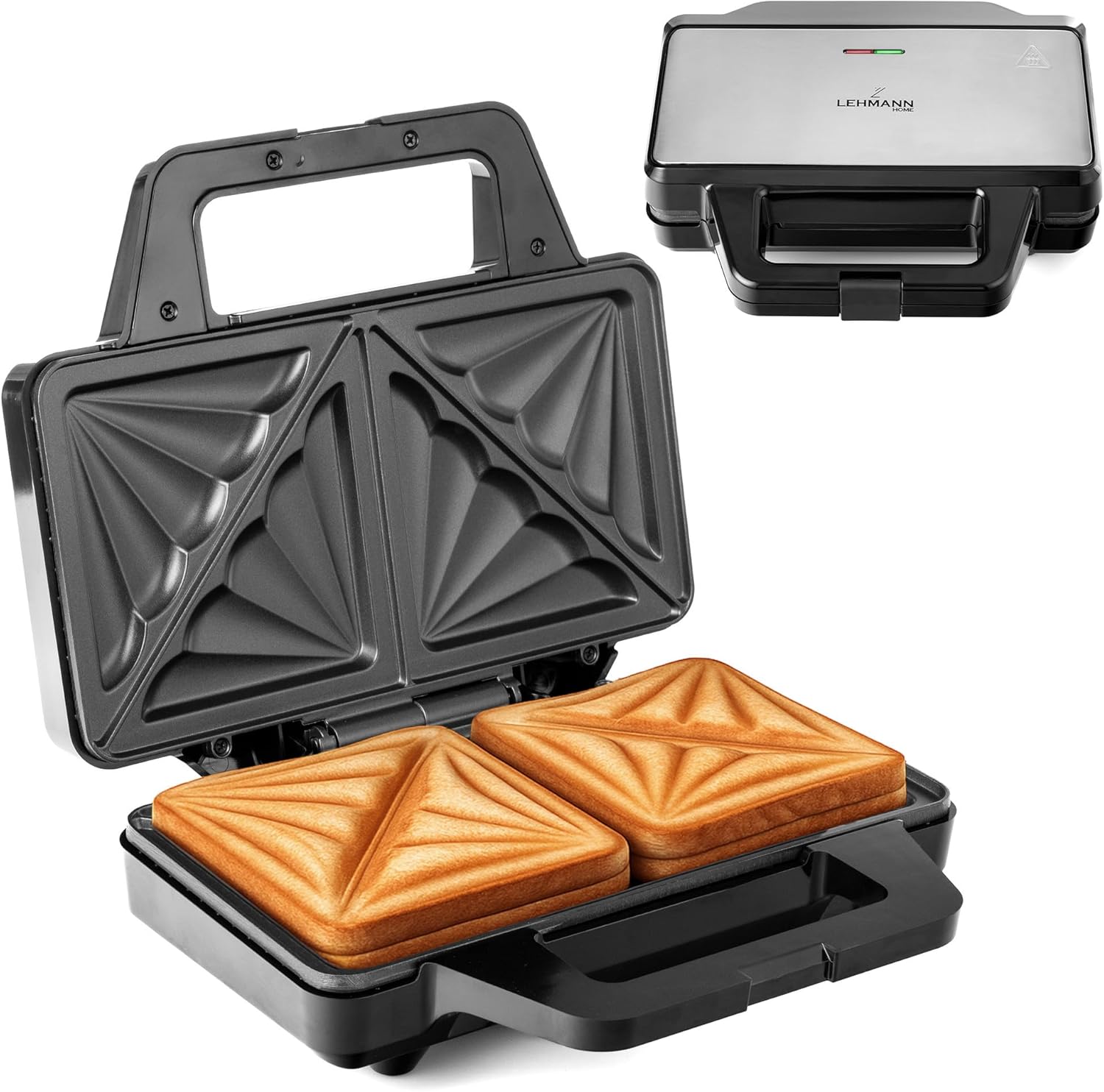 LEHMANN XXL Sandwich Maker, Extra Large Sandwich Plates, XXL Sandwich Toaster for 2 Shell Shape Sandwiches, Non-Stick Coating, Readiness Indicator, Easy to Clean, 1000 W
