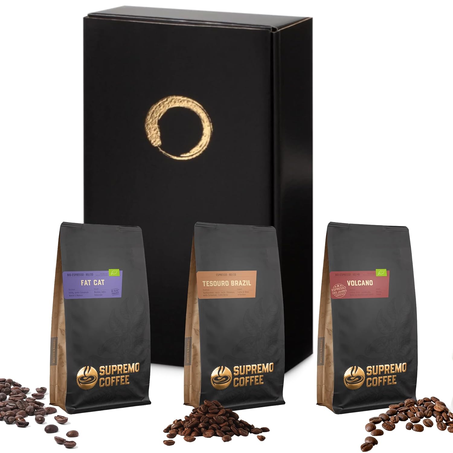 GUSTONE. Premium Espresso Gift Set, 3 Elegant Espressi by Supremo, Organic Fat Cat, Tesouro Brazil, Organic Volcano Whole Beans