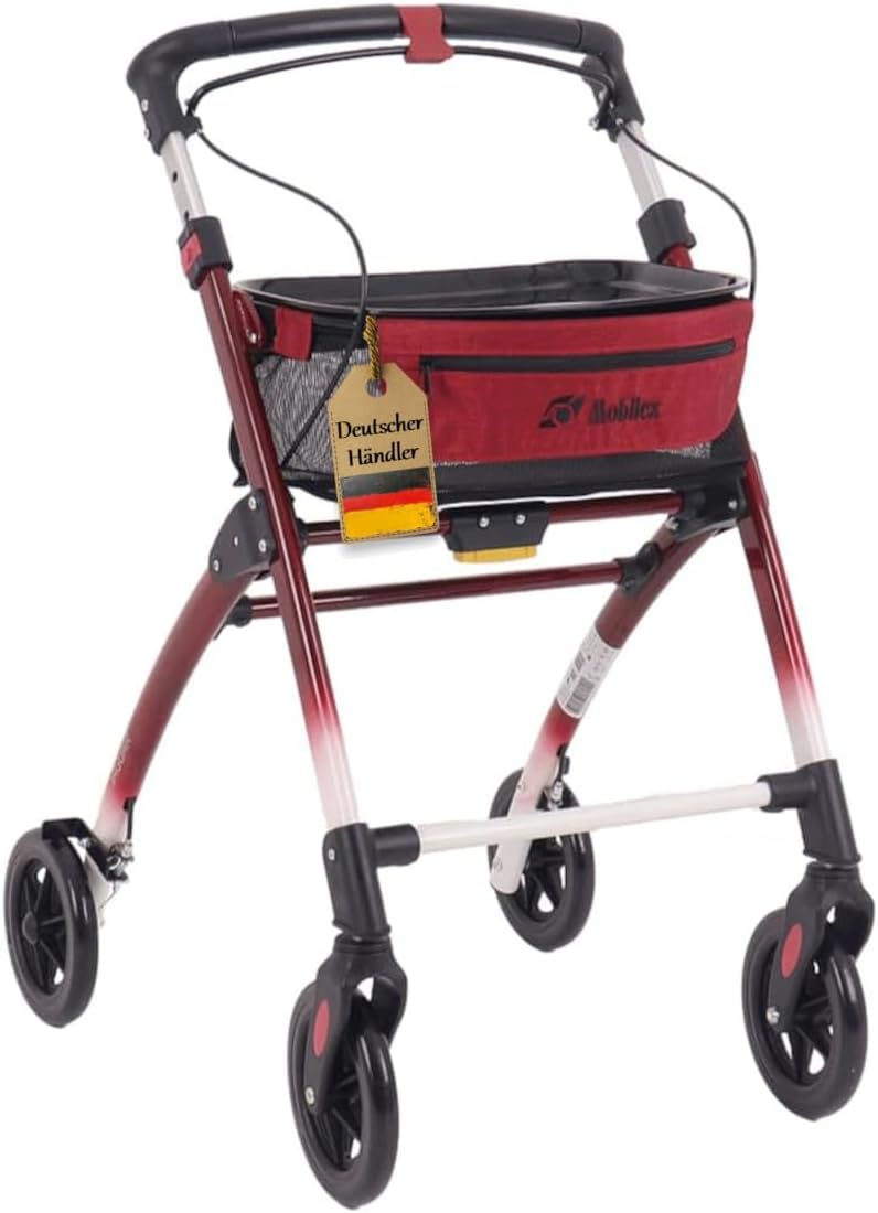 FabaCare Jaguar Indoor Rollator Narrow with Tray, Lightweight Home Rollator, Foldable, up to 100 kg, Red/White