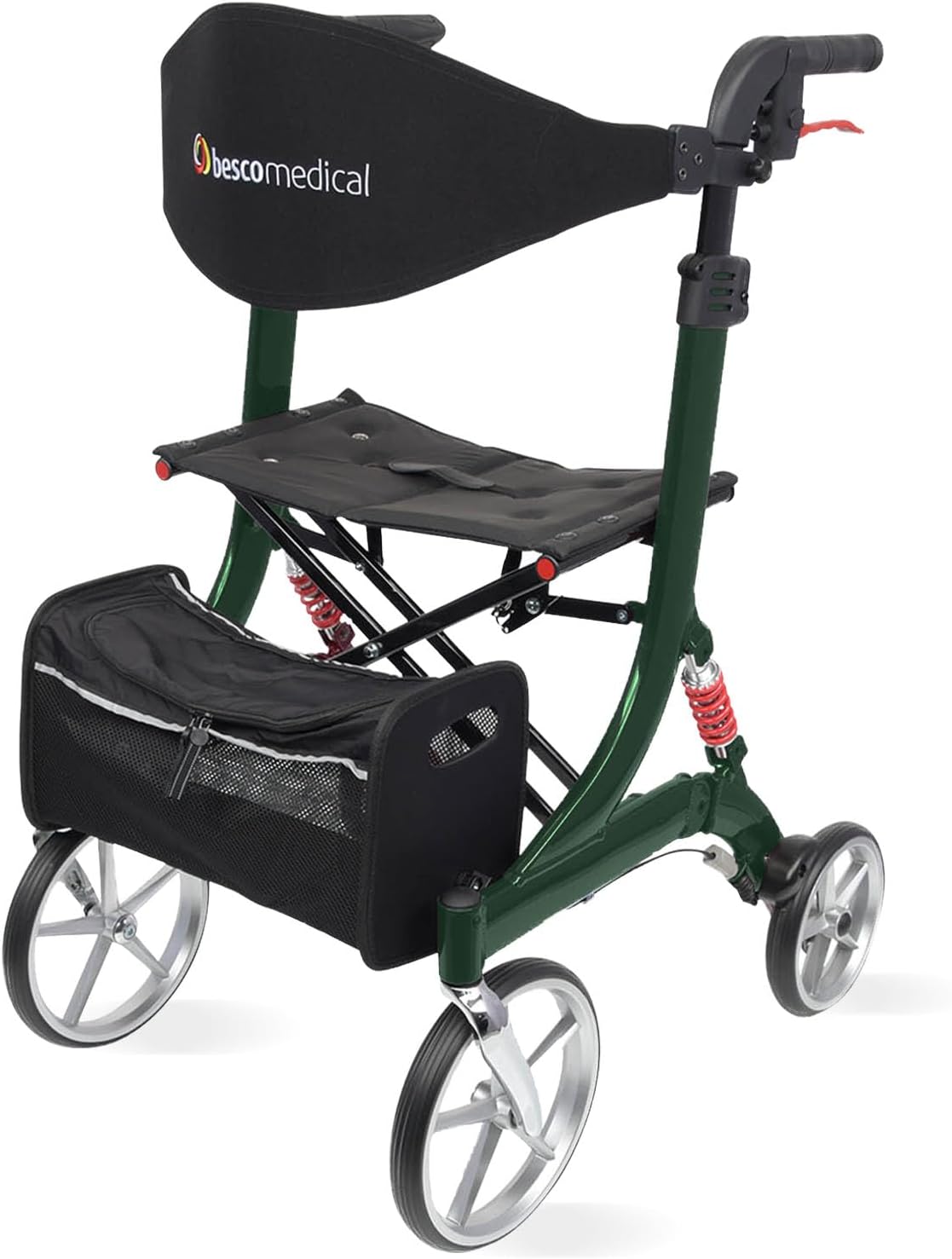 Lightweight Rollator Spring - Walking Aid with Comfort Suspension - Height Adjustable & Foldable - Includes Mesh Pocket & Back Strap - Comfortable Seat - Foldable - Model S Jade Green