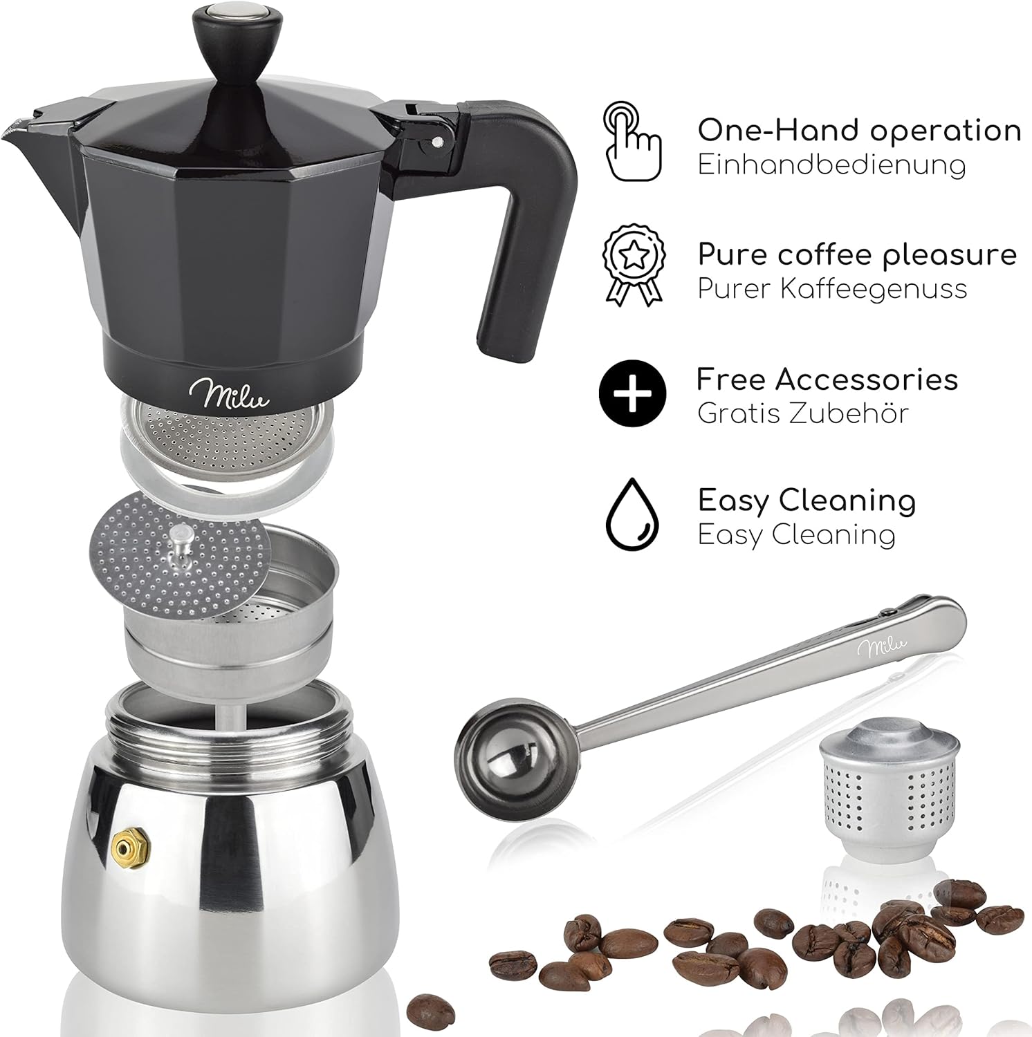Milu Espresso Maker Suitable for Induction Cookers, 3, 6, 9 Cups, Aluminum Mocha Pot, Stainless Steel Espresso Pot, Espresso Maker Set Including Spoon, Brush (Black, 3 Cups (150 ml)