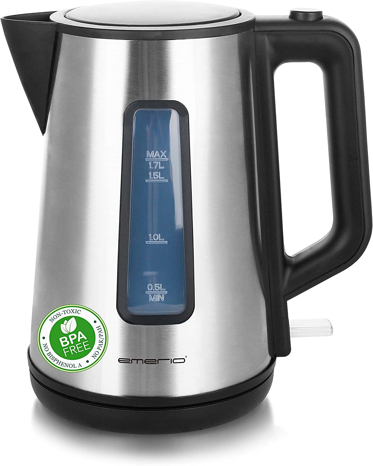 Emerio Kettle Double-Walled Cool-Wall Housing 1.7 L BPA 2200 Watt Auto Off Overheating Protection with High-Quality Stainless Steel Covered Heating Element Lid Opening at the Push of a Button Stainless Steel