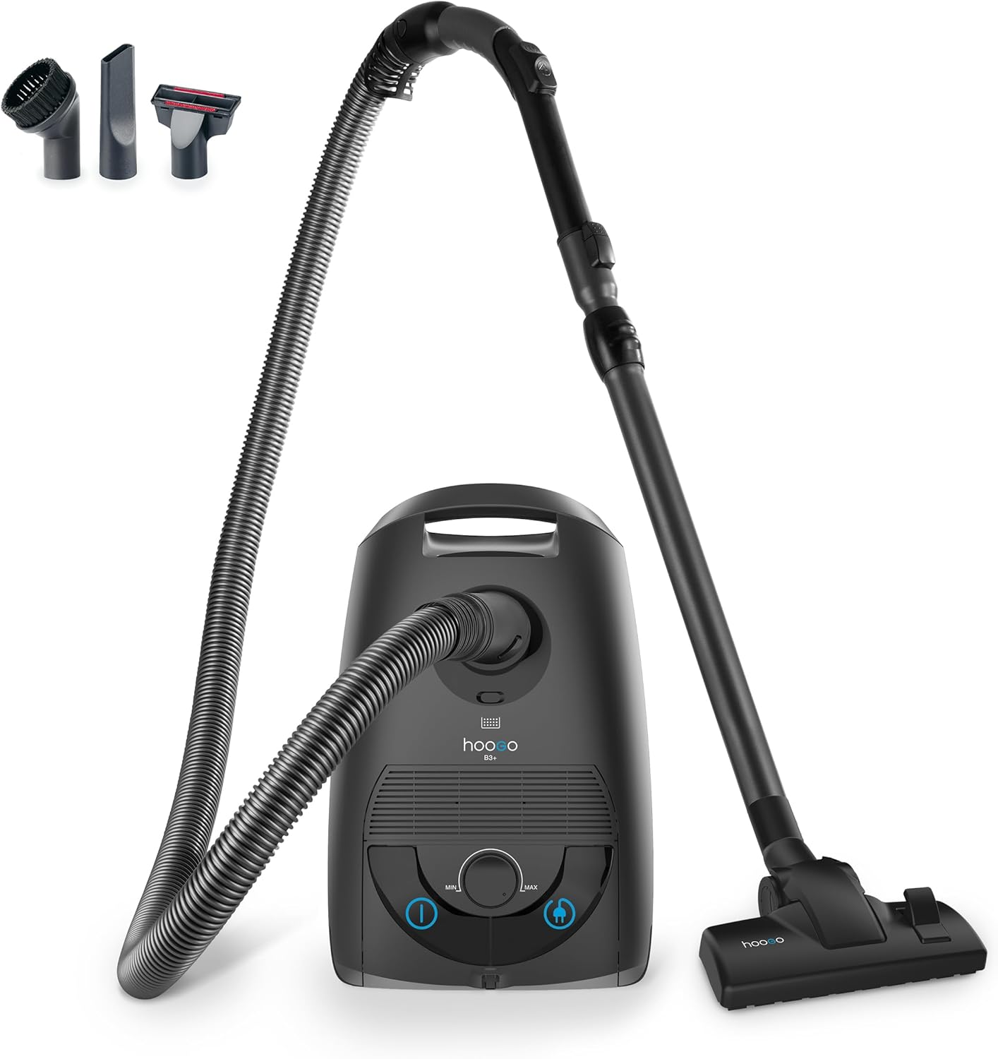 hoogo Store hoogo B3+ Graphite Vacuum Cleaner with Bag, Strong 850 W Suction Power, HEPA 14 Filter, 11 m Radius, Only 74 dB (A), 3 L Capacity, Various Floor Nozzles