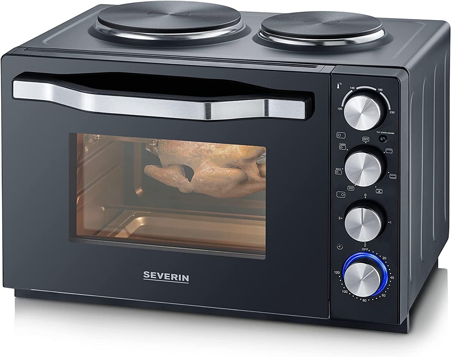 SEVERIN TO 2065 Baking and Toasting Oven with Cooking Plates, Oven with 30 L Cooking Chamber Capacity, Mini Oven With Hotplates for Cooking, Grilling and Baking, Total Power 2500 W, Black