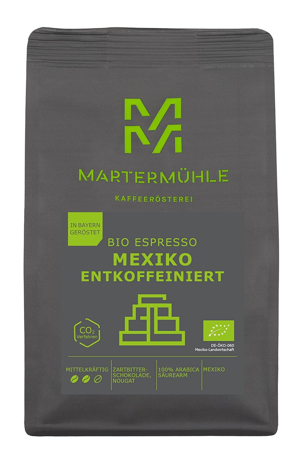 Martermühle Mexiko Bio Espressobohnen entkoffeiniert 500g mittelkräftig I Arabica I Aromen: Nougat, Zartbitterschokolade I Ganze Bio Espresso-Bohnen schonend geröstet, säurearm
