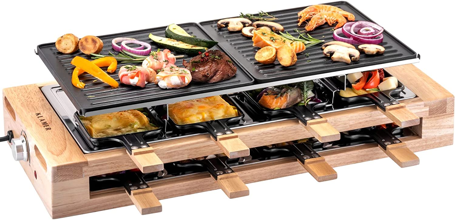KLAMER Raclette 8 Personen, 1500W Raclette Grill mit Holzgestell, Raclette mit antihaftbeschichteter Grillplatte, Tischgrill elektrisch