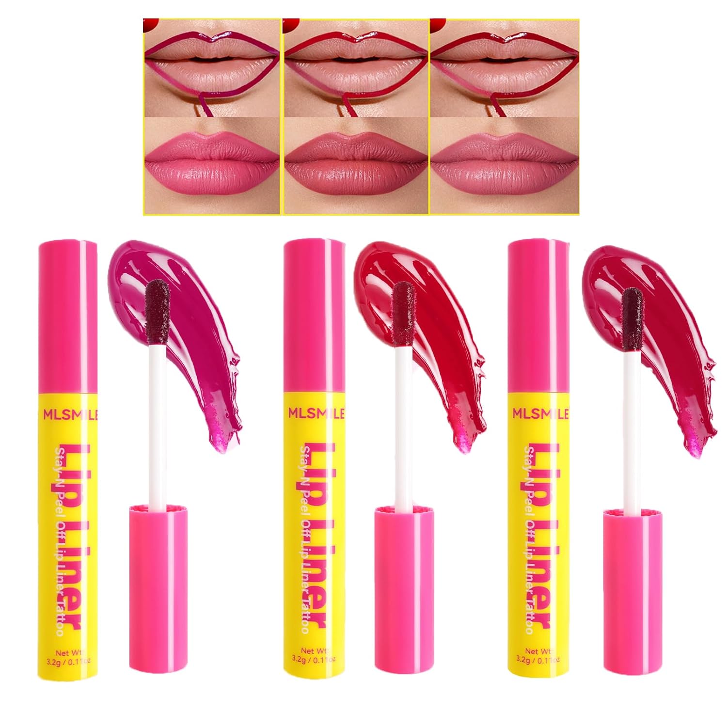 EONFAVE Lip Stain Peel Off, Peel Off Lip Liner Stain Lip Tint Peel Off, 3 Colors Lip Liner Waterproof, Long Lasting Removable Lipstick Plump Lip Liner Mat, Highly Pigmented Tattoo Lip Liner, Anti-Smudge