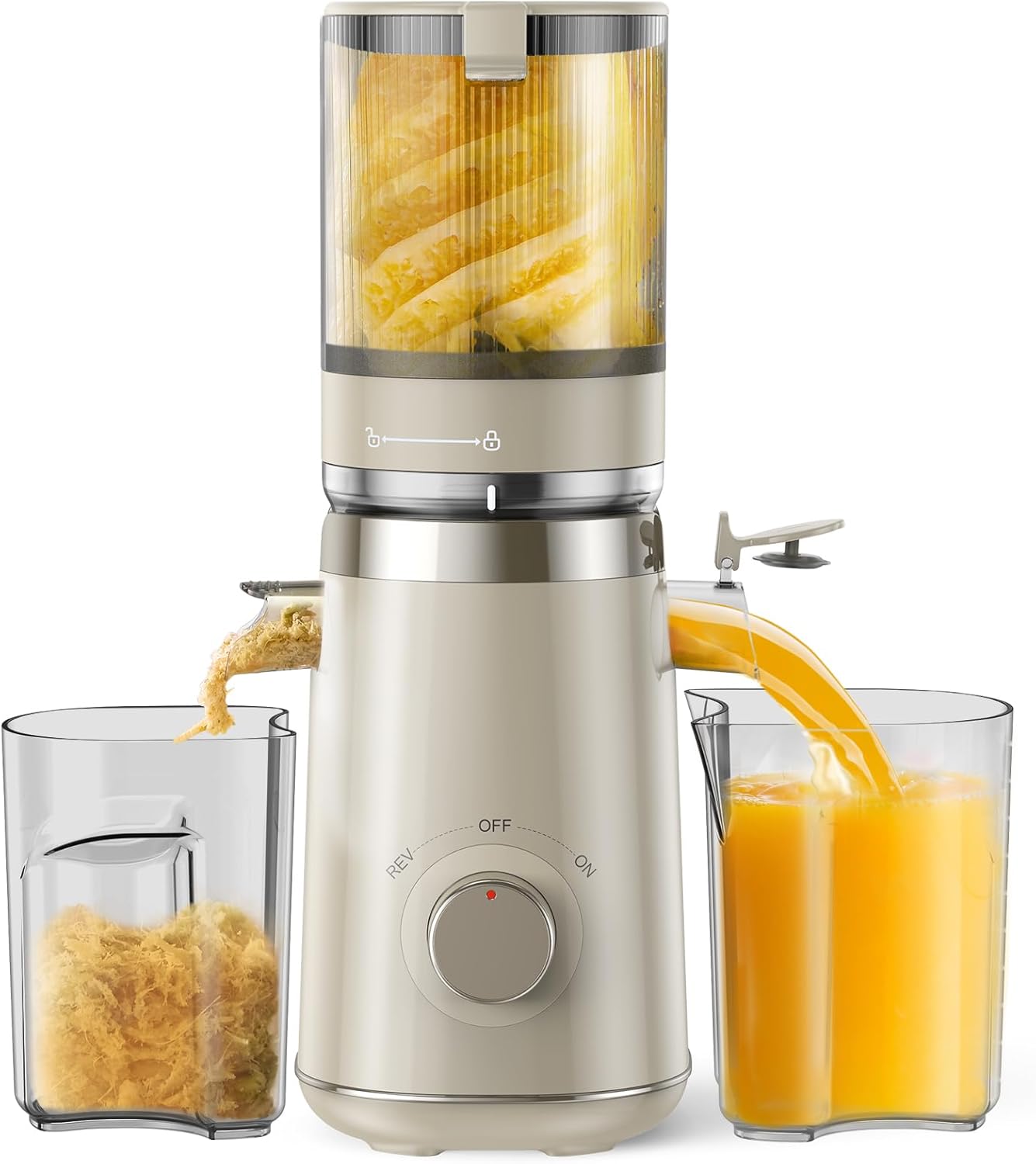 TUUMIIST Slow Juicer with 135 mm Extra Large Filling Channel, Juicer Vegetable Fruit Test Winner Applicable Whole Fruit and Vegetables, Easy to Clean, High Juice Yield, BPA-Free, Milk Tea Grey