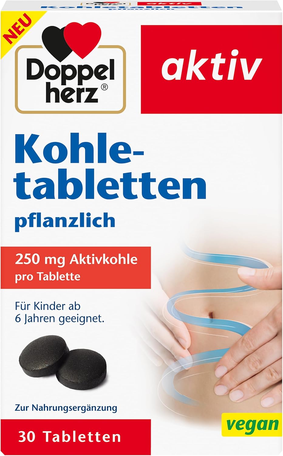 Doppelherz Vegetable Charcoal Tablets - Activated Carbon Helps Reduce Excessive Bloating After Eating - 30 Tablets