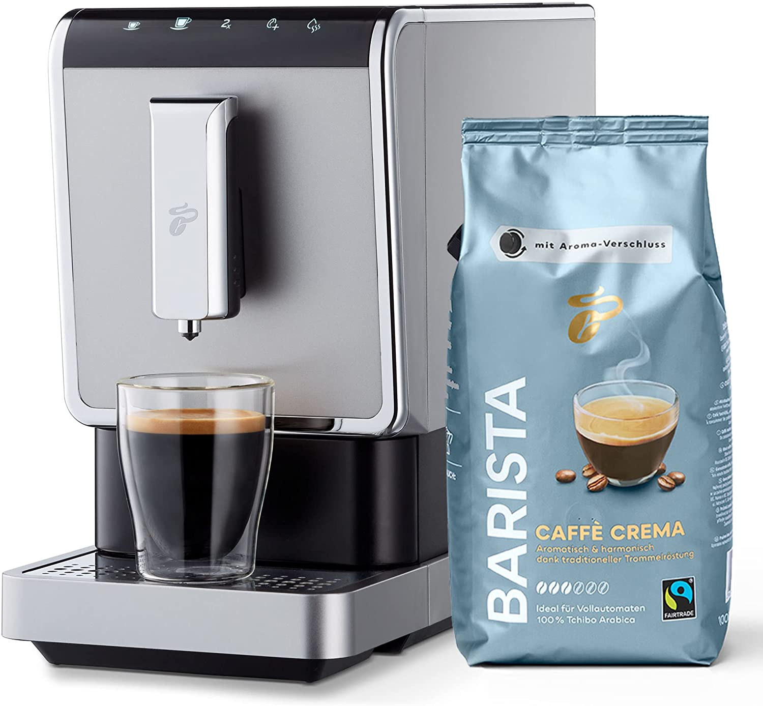 Tchibo Esperto Caffè 1.1 Fully Automatic Coffee Machine (19 Bar, 1470 Watt) (Includes 1 kg Barista Caffè Crema) (Silver (Swiss Plug))