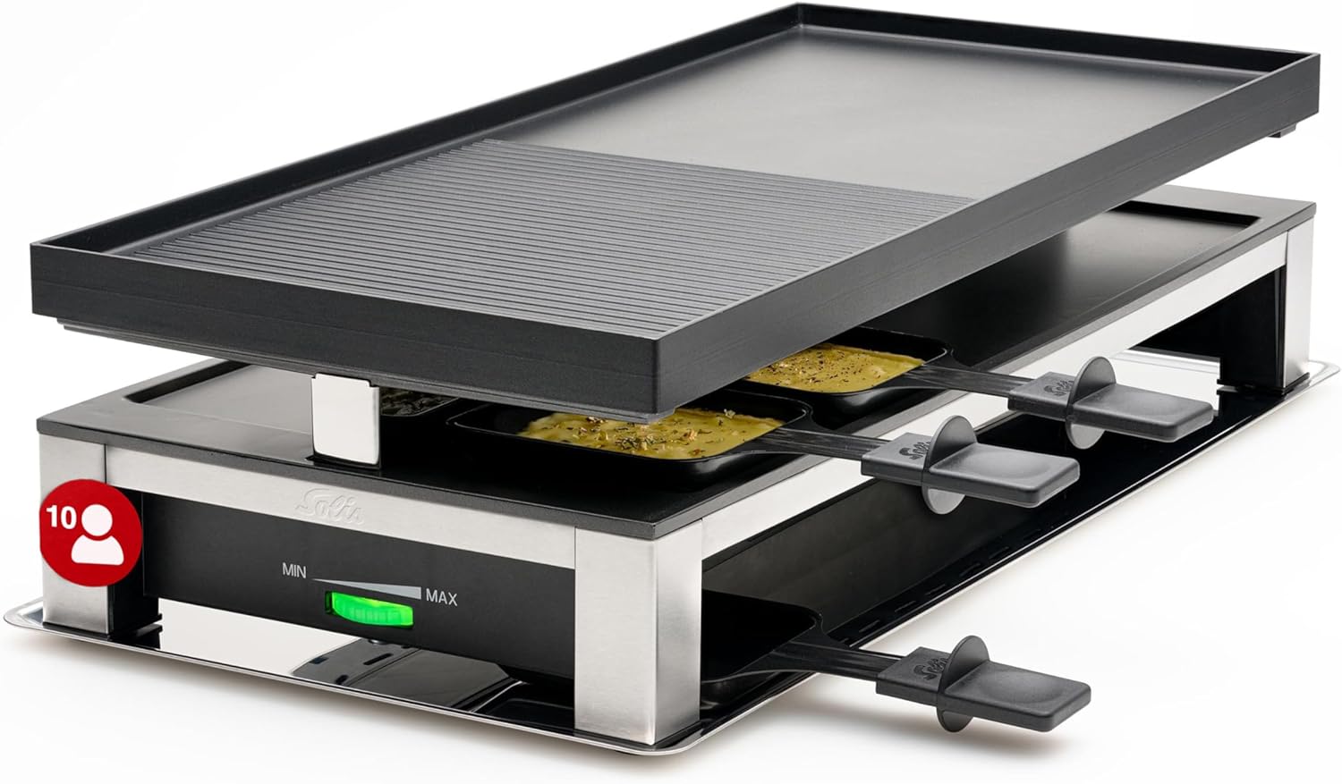Solis Store Solis 3-in-1 Combi Grill - Electric Table Grill with Raclette, Grill & Crepe Function, for up to 10 People, 53 x 24 cm Non-Stick Grill Plate, Thermostat, Includes Pan & Scraper, PFAS-Free