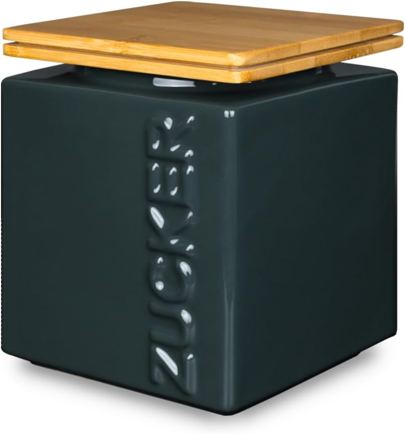 HWG-Home® Design Sugar Bowl Airtight 1 kg, for Long Durability, Anthracite & White, Ceramic Sugar Container, Square, Space-Saving, Stackable, Sugar Storage and Storage Jar with Bamboo Lid