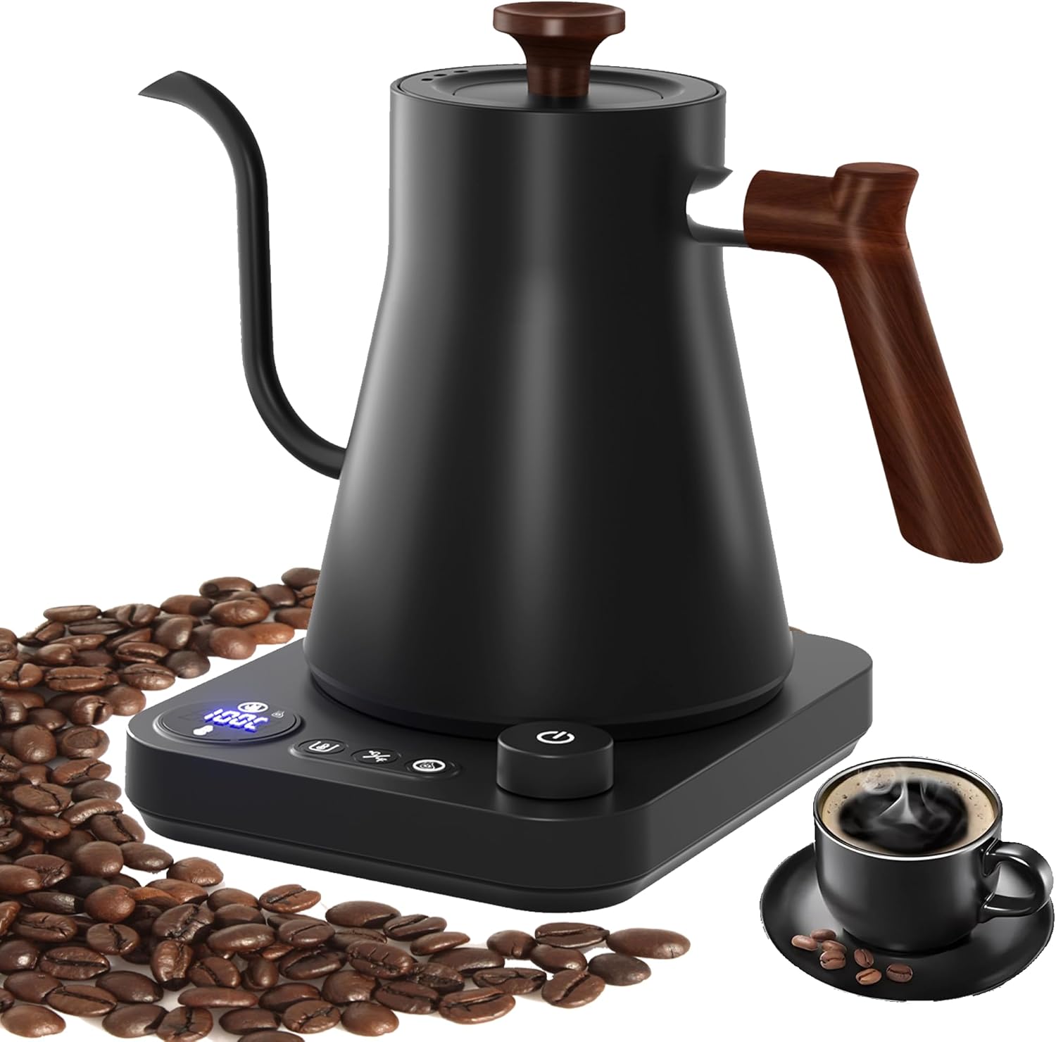 RHD Hot Water Dispenser with Real-time Temperature Setting, Gooseneck Kettle, Kitchen Aid Kettle, 40-100°C Adjustable & Warming Function, 1200W Tea Machine, 0.9L, 304 Stainless Steel, Black