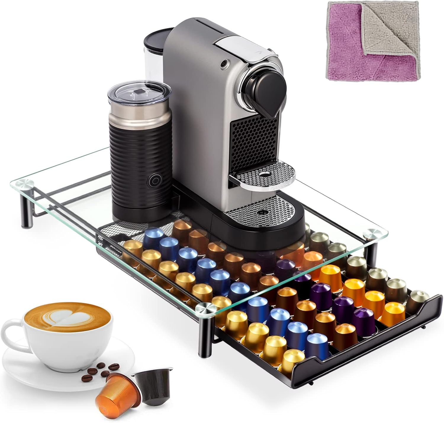 Masthome Nespresso Capsule Holder for 60 Capsules, Drawer and Coffee Maker, with 1 Extra Cleaning Cloth