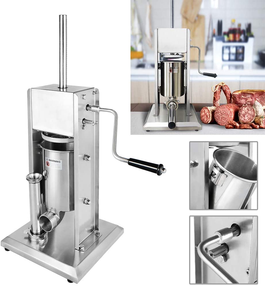 YUENFONG 3L Sausage Filler Stainless Steel Sausage Filling Machine, Professional Sausage Press with 4 Different Filling Tubes, Sausage Filler Hand Crank Sausage Machine with 2-Speed Gearbox, Silver