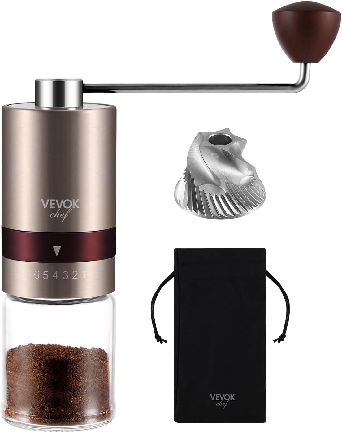 Vevok Chef Manual Coffee Grinder with 6 External Adjustable Coarseness for Espresso to French Press, Stainless Steel Conical Grinder, Ideal for Home, Office or Travel, Rose Gold