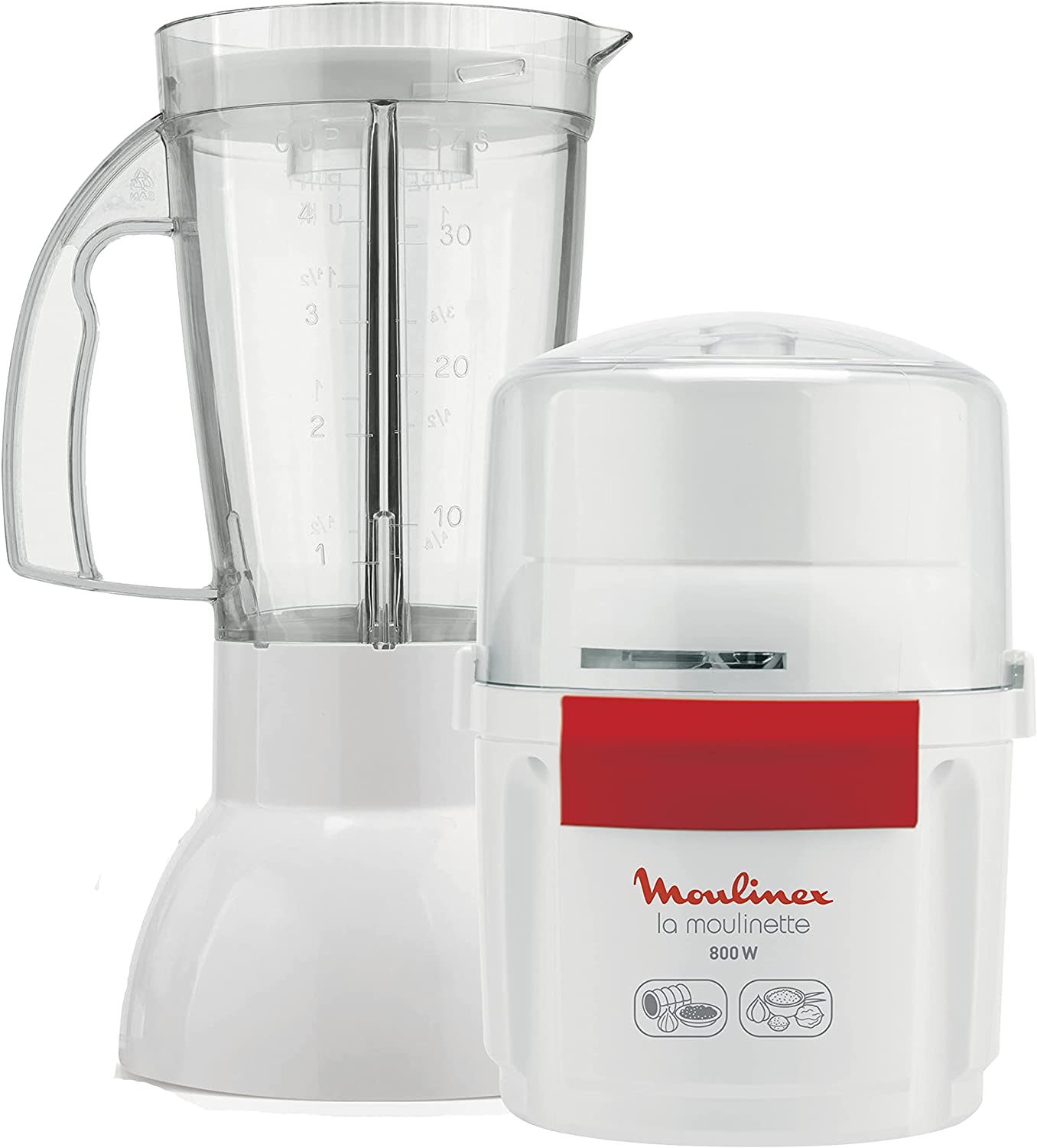 Moulinex AR6801 Chopper & Blender La Moulinette 800 W + Blender Double Blade Stainless Steel 200 g and 750 ml 1-2-3 Fruits White / Red