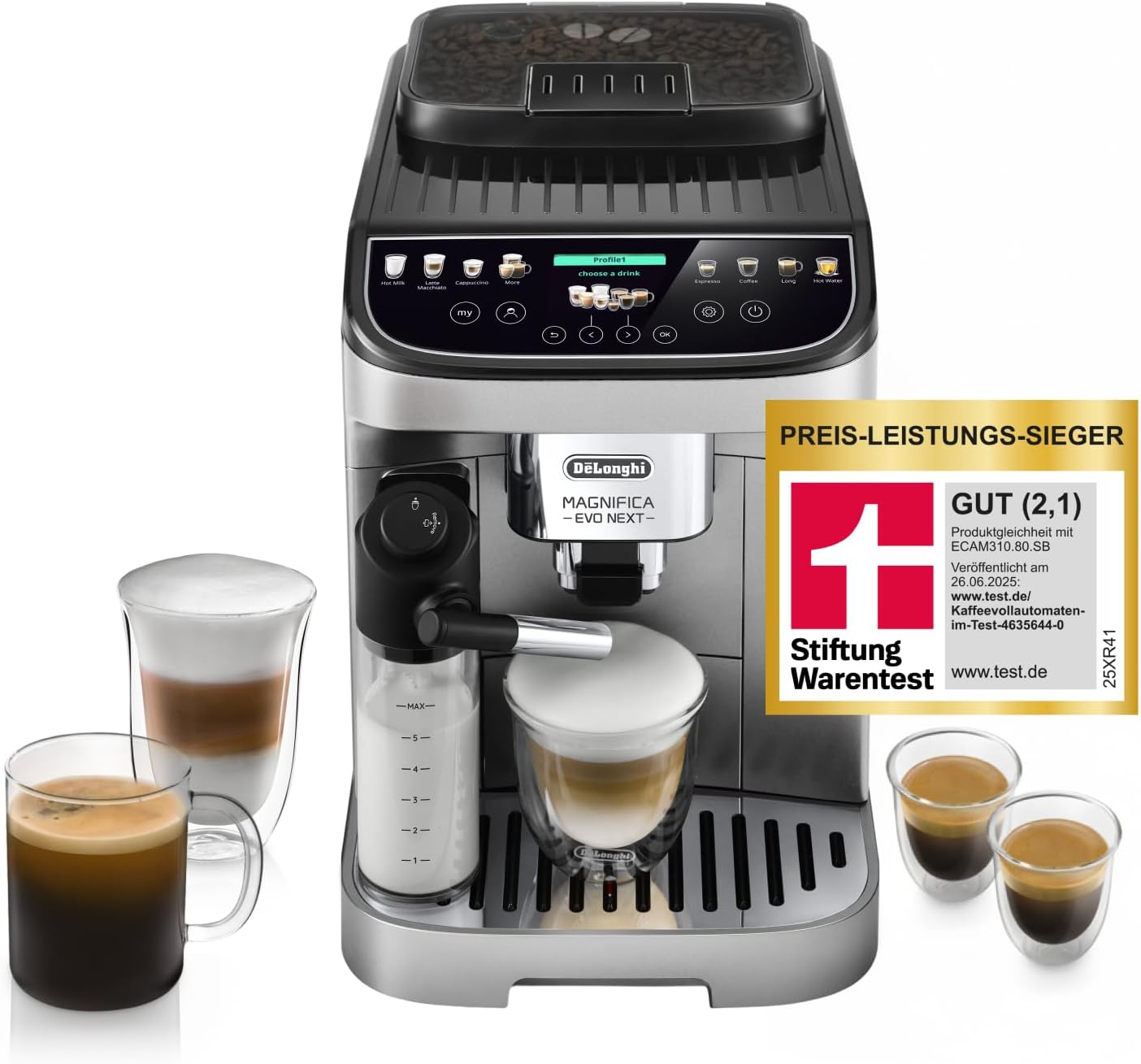 De\'Longhi Magnifica Evo Next - Perfetto Fully Automatic Coffee Machine with LatteCrema Milk Frother, 13 One-Touch Drinks, Coffee and Cappuccino Coffee Machine, Coloured Touch Display, Titanium (ECAM312.80.SB)