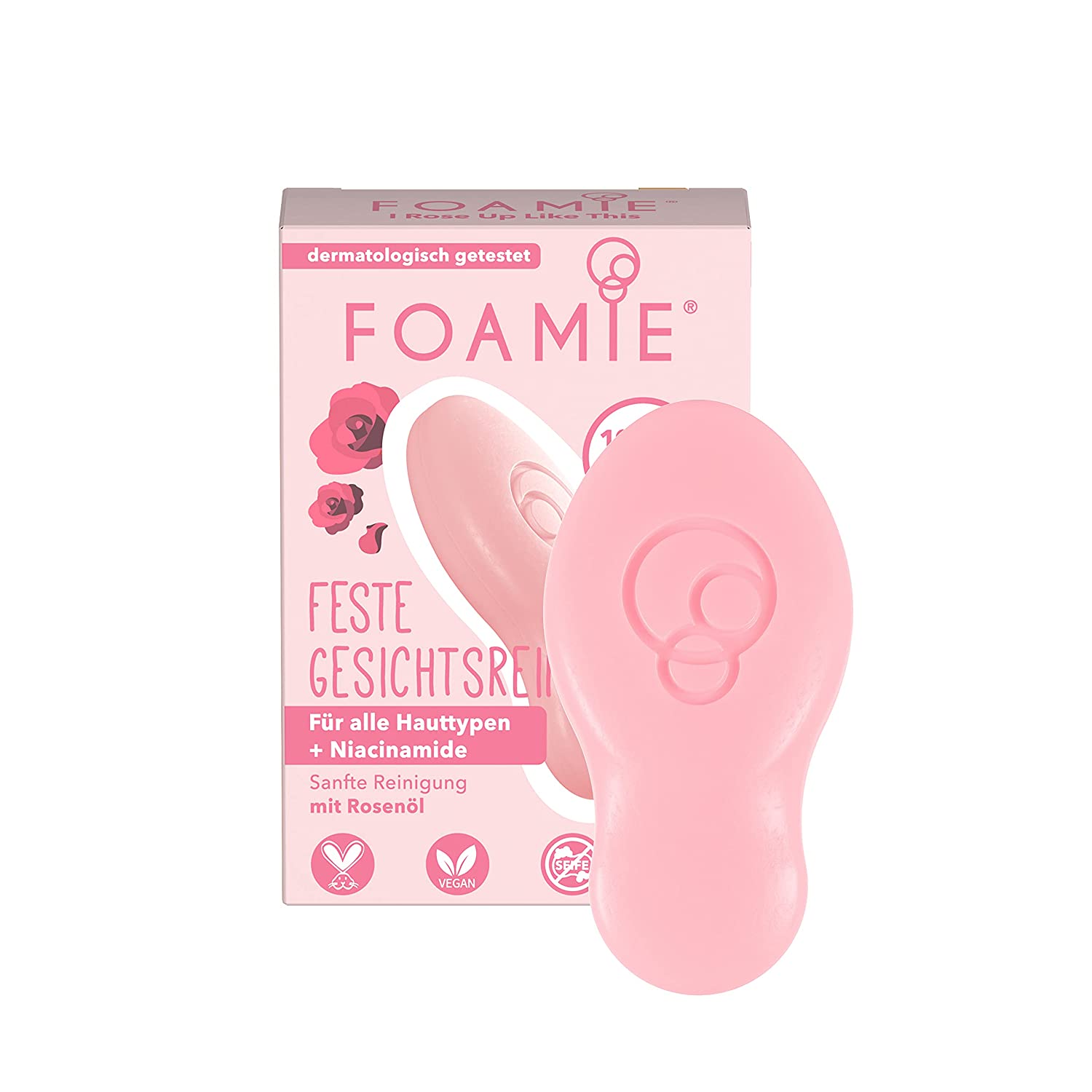 Foamie Feste Gesichtsreinigung Strahlende Haut mit Rosenöl, Sanfte Gesichtspflege Samtweiche Haut 100% Vegan, Plastikfrei, 60g, ‎rosa