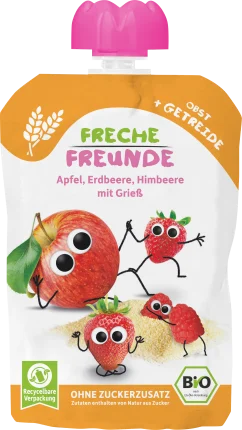 FRECHE FREUNDE FRECHE FRIENDE Squeeze apple, strawberry, raspberry with semolina, 100 g