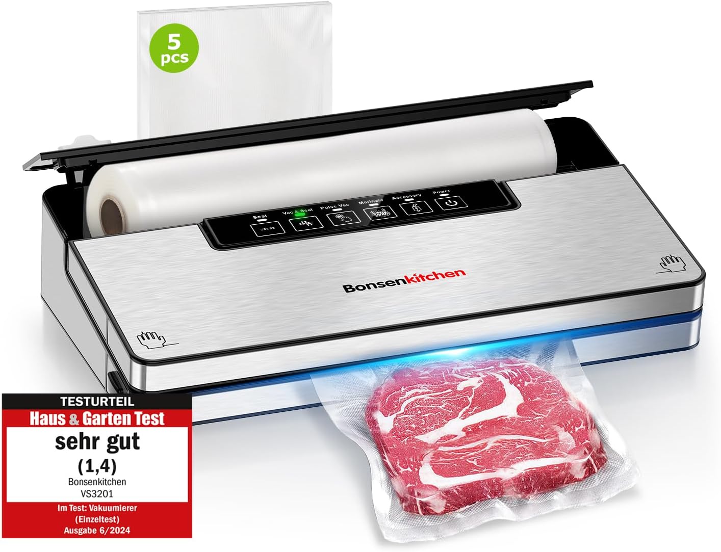 Bonsenkitchen Vacuum Sealer, 8 L/min Fast Vacuum Device with 5 Modes, Globefish Technology for Continuous Operation, Includes 5 Vacuum Bags + 1 Roll Bag
