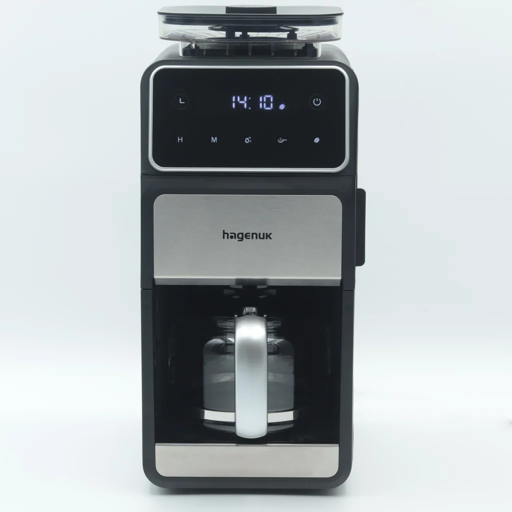 Hagenuk coffee machine with grinder, 12 cups – timer, flat grinder, direct-drop system, keep-warm function, 200g bean hopper, permanent filter