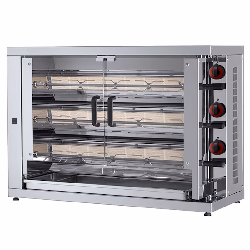 Gas-powered chicken rotisserie with light. 3 burners = 15/18 chickens - 1100x450x780 mm - 21 kW + 110 W 230/1 V - 53150L81 Eurast
