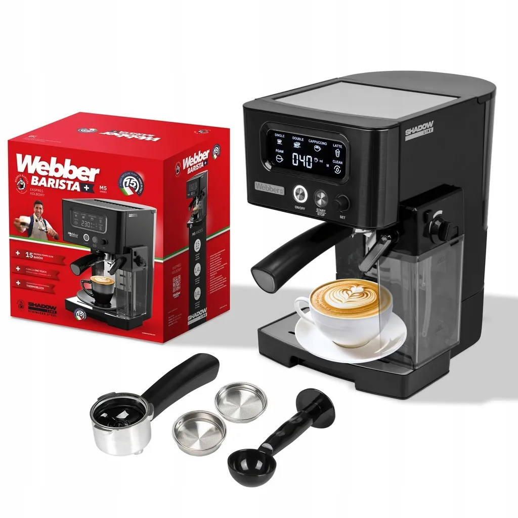 Semi-automatic portafilter espresso machine WEBBER BARISTA M5 – 15 bar pressure, milk frother, LED panel, ideal for espresso & cappuccino