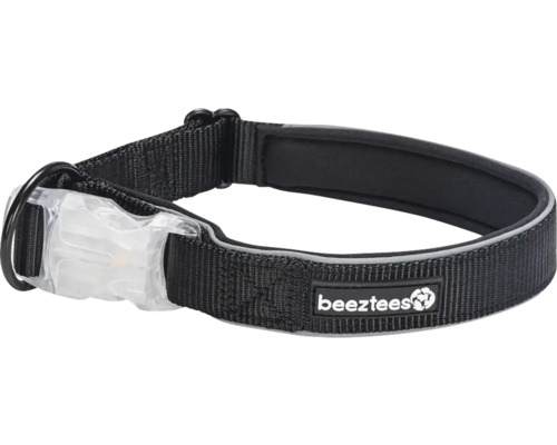 Beeztees Safety Gear Premium Dog Collar Parinca, black, 45-50 cm x 2.5 cm, adjustable length, reflective, includes rechargeable USB LED light, nylon