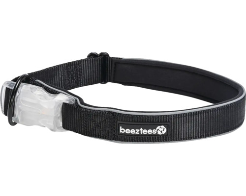 Beeztees Safety Gear Premium Dog Collar Parinca, black, 50-55 cm x 2.5 cm, adjustable length, reflective, includes rechargeable USB LED light, nylon