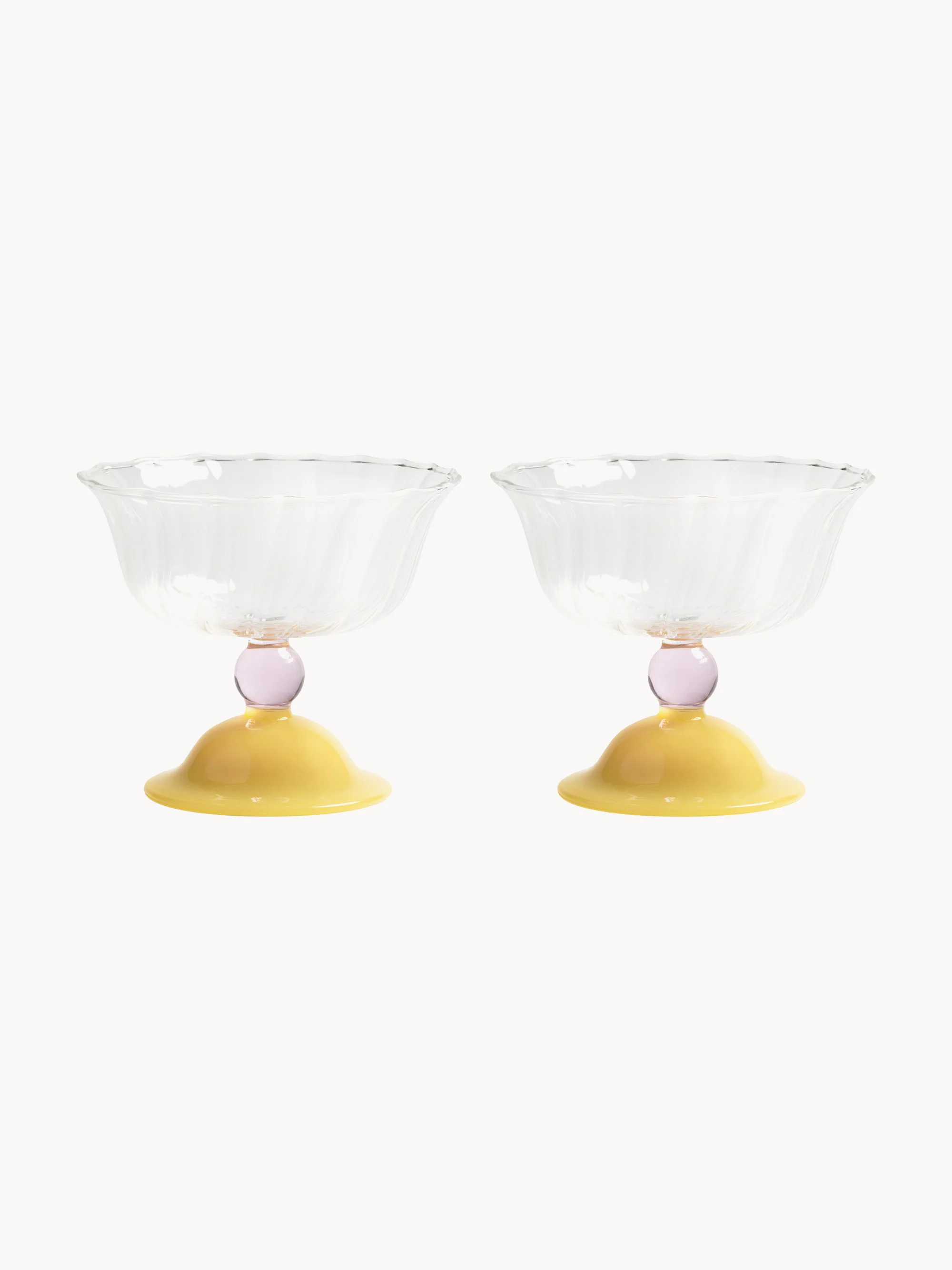 &k Amsterdam Handmade Tulip champagne coupes made of borosilicate glass, set of 2, Transparent, Pink, Light Yellow