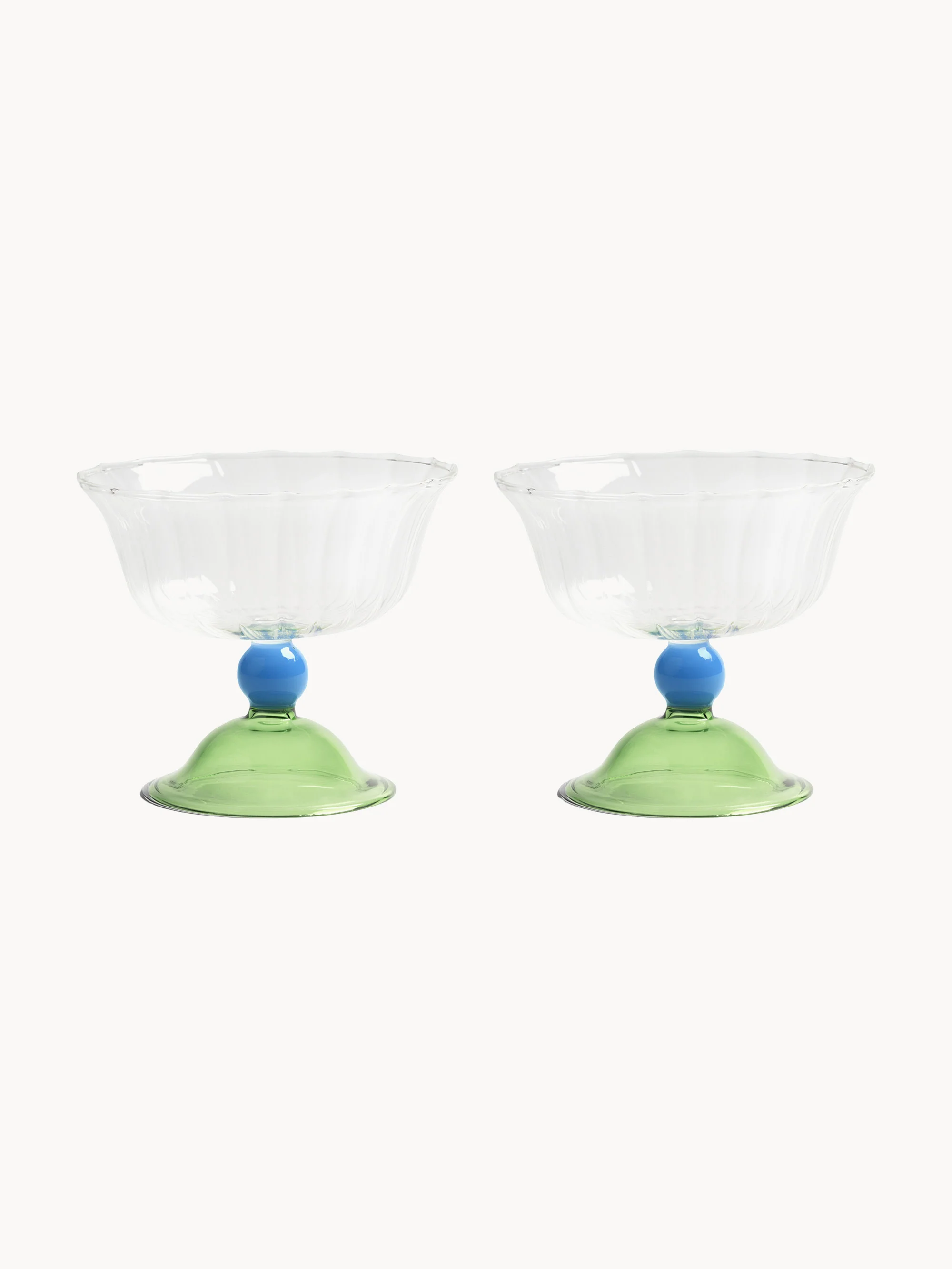&k Amsterdam Handmade Tulip champagne coupes made of borosilicate glass, set of 2, Transparent, Blue, Green