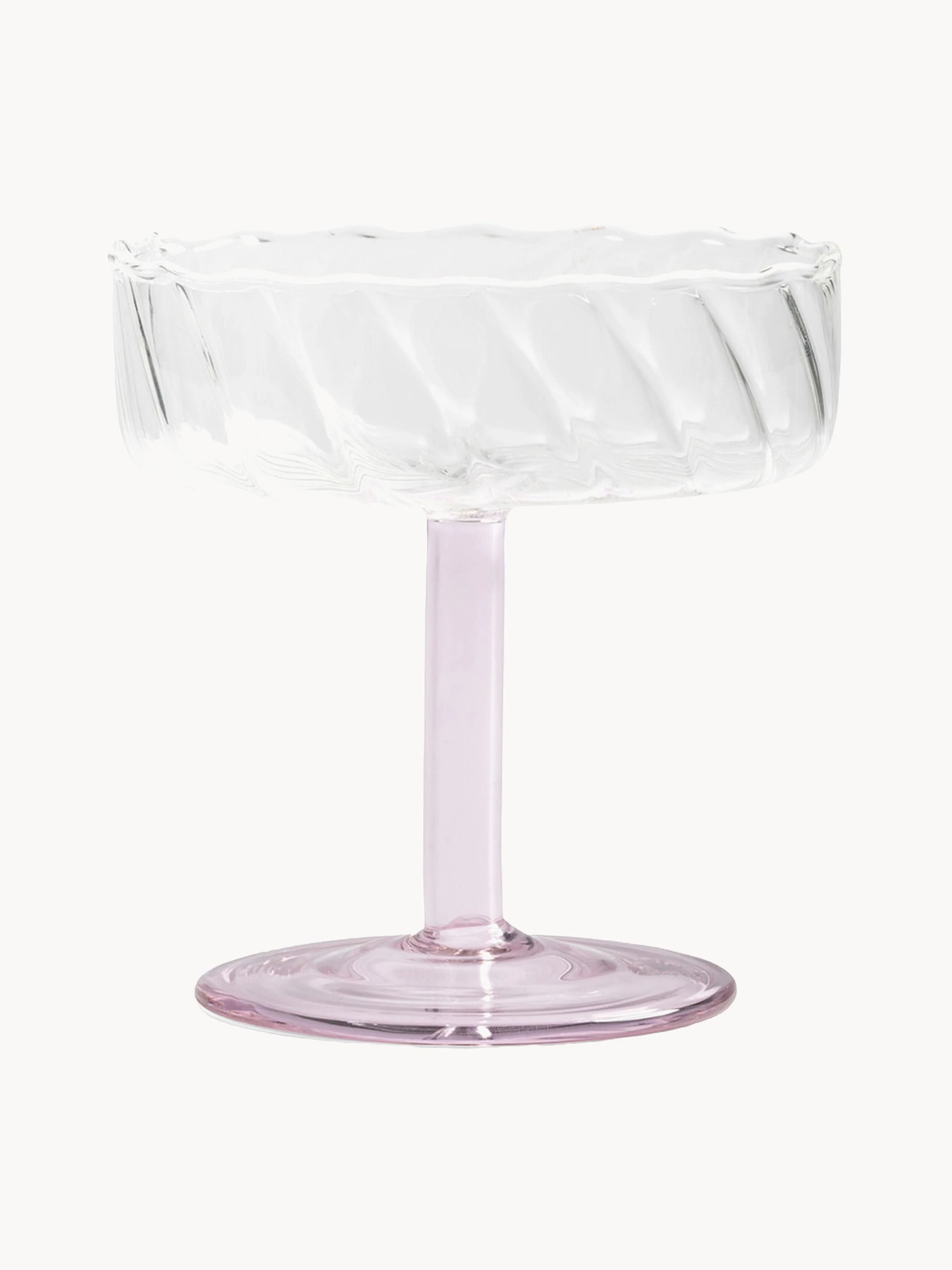&k Amsterdam Handmade Twirl champagne coupes made of borosilicate glass, set of 2, Pink, Transparent