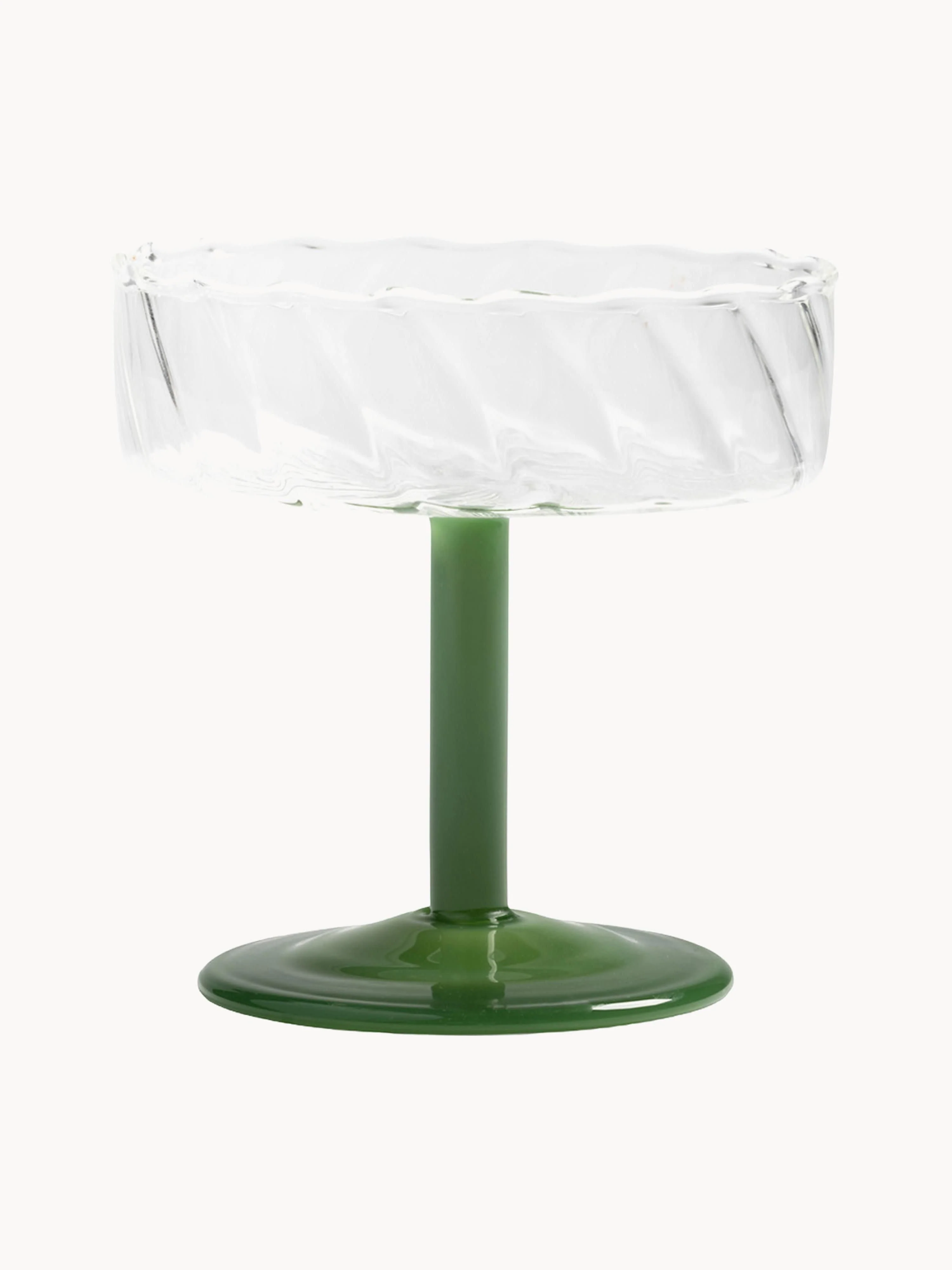 &k Amsterdam Handmade Twirl champagne coupes made of borosilicate glass, set of 2, Dark green, Transparent