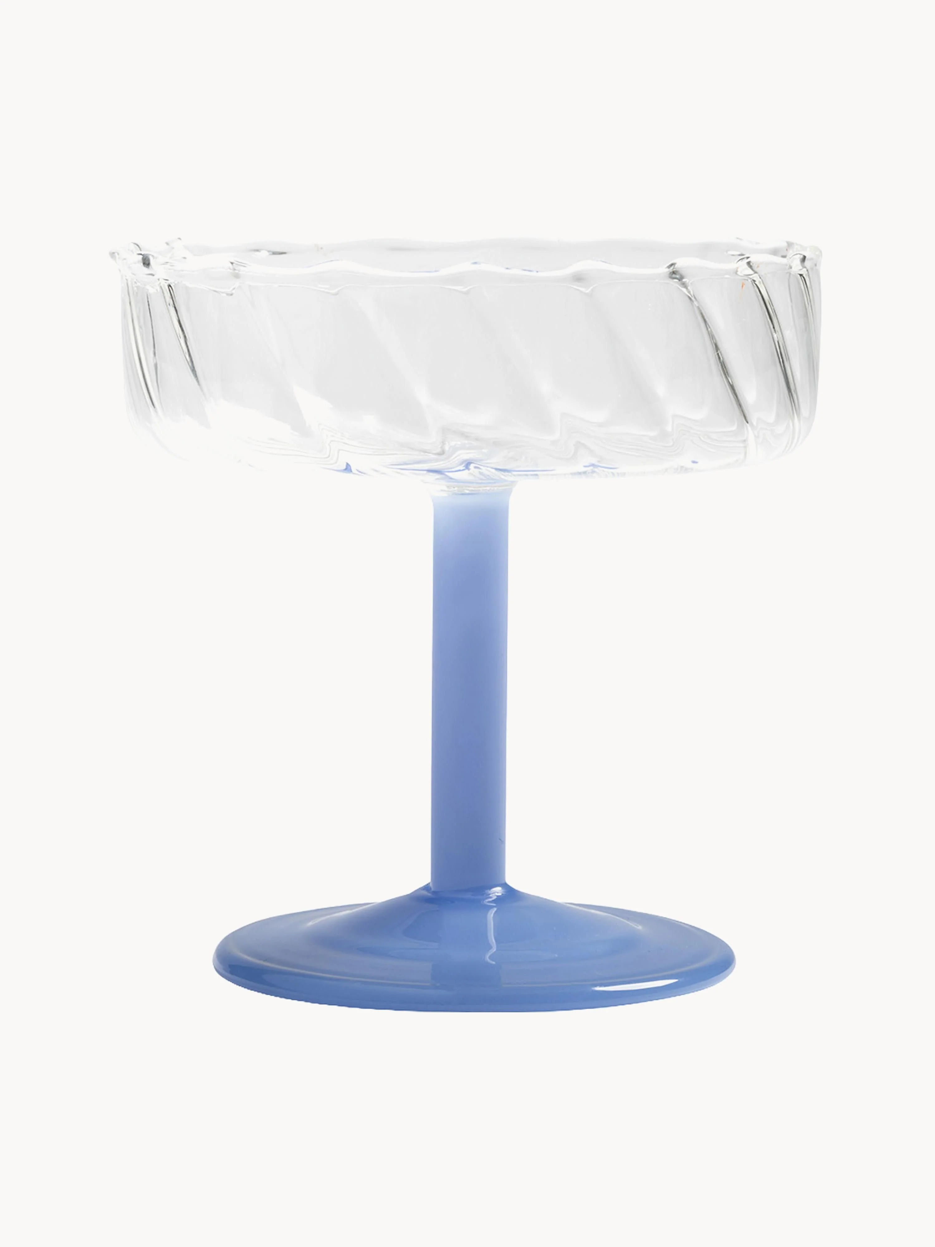 &k Amsterdam Handmade Twirl champagne coupes made of borosilicate glass, set of 2, Blue, Transparent