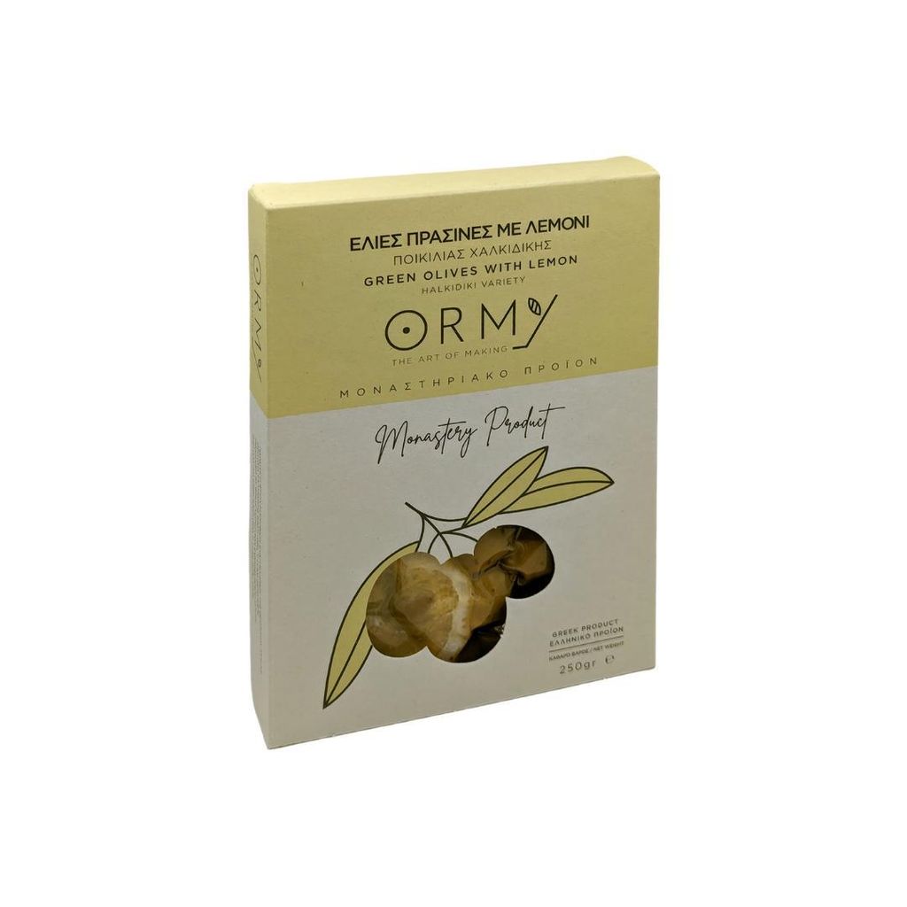 Hand-picked green Chalkidiki olives with lemon – Ormylia Monastery – 250g