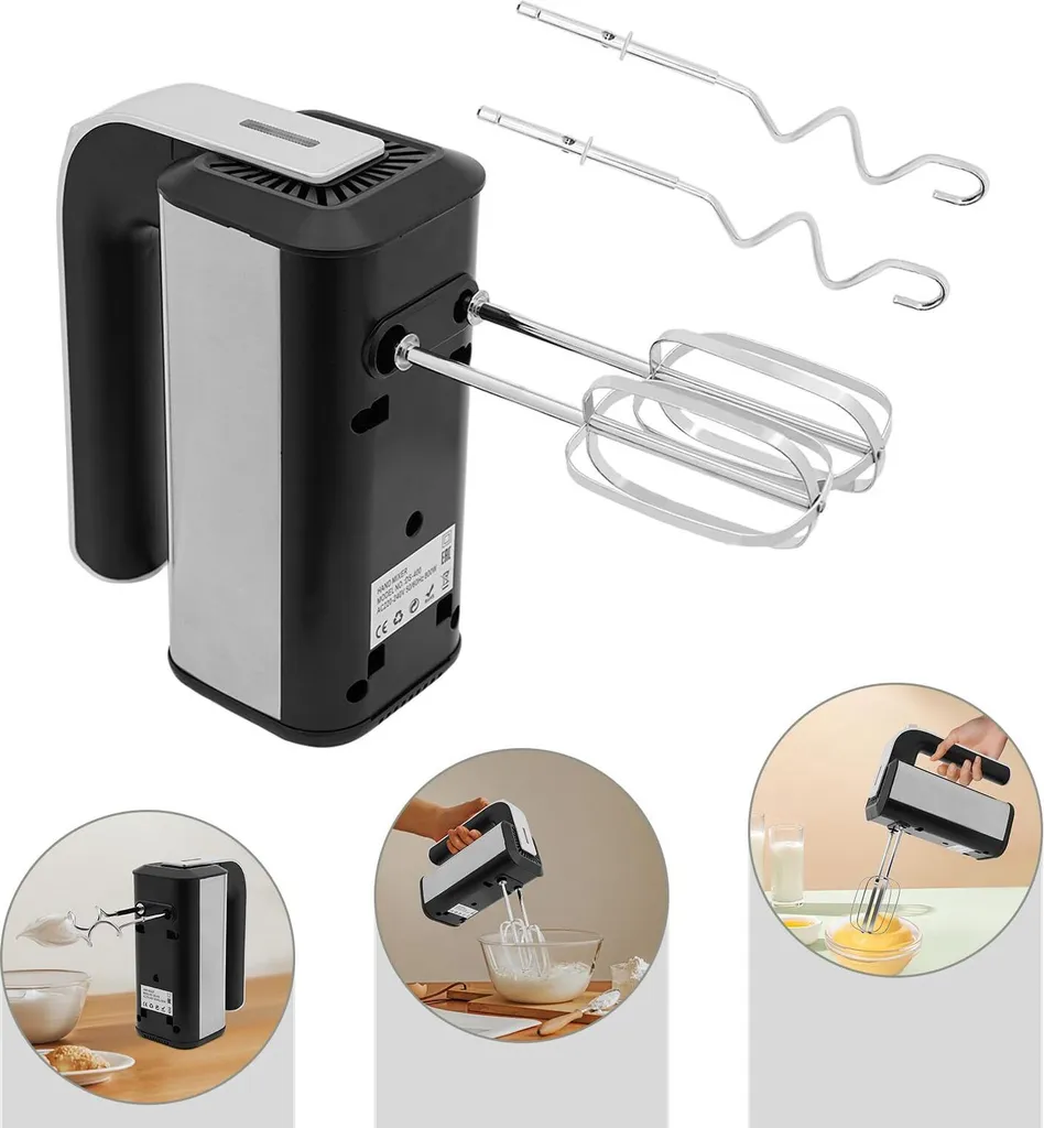 SERBASIC Stainless steel hand mixer, 800W, with blending wand, dough hook, 5 speeds, hand mixer
