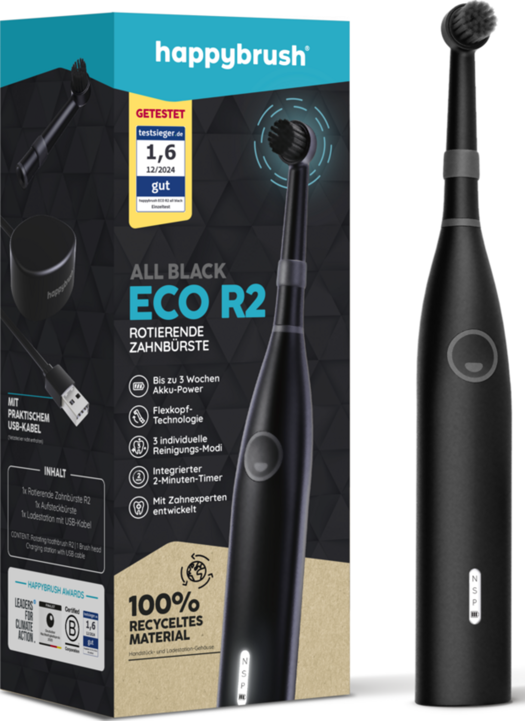 happybrush Rotating Electric Toothbrush ECO R2 all black