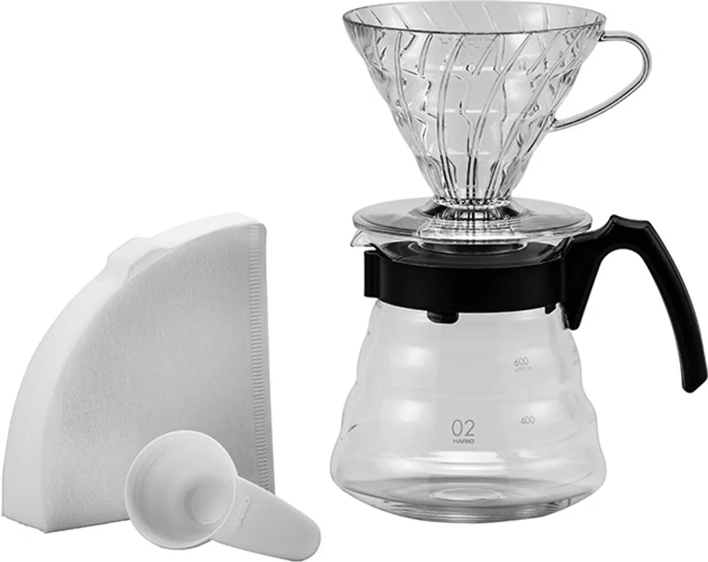 Hario Coffee Starter Set, 4-piece, black glass, V60 Craft Coffee Maker, 17.3 x 24.5 x 13 cm (40 filters), VCDS-02-B-EU