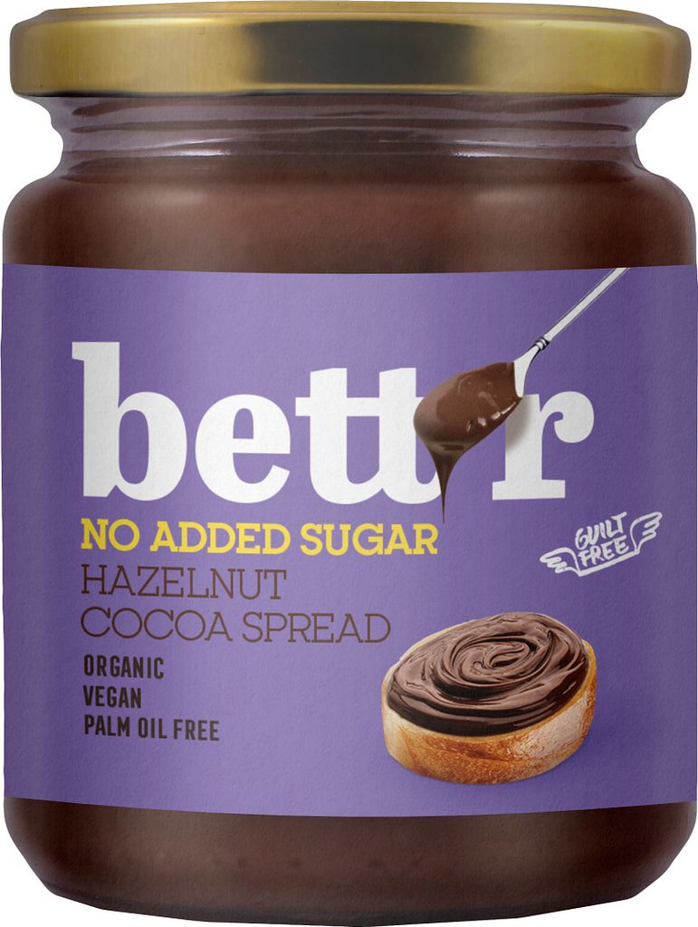 Bett'r HAZELNUT COCOA CREAM WITH NO ADDED SUGAR, 250 g - BETTR