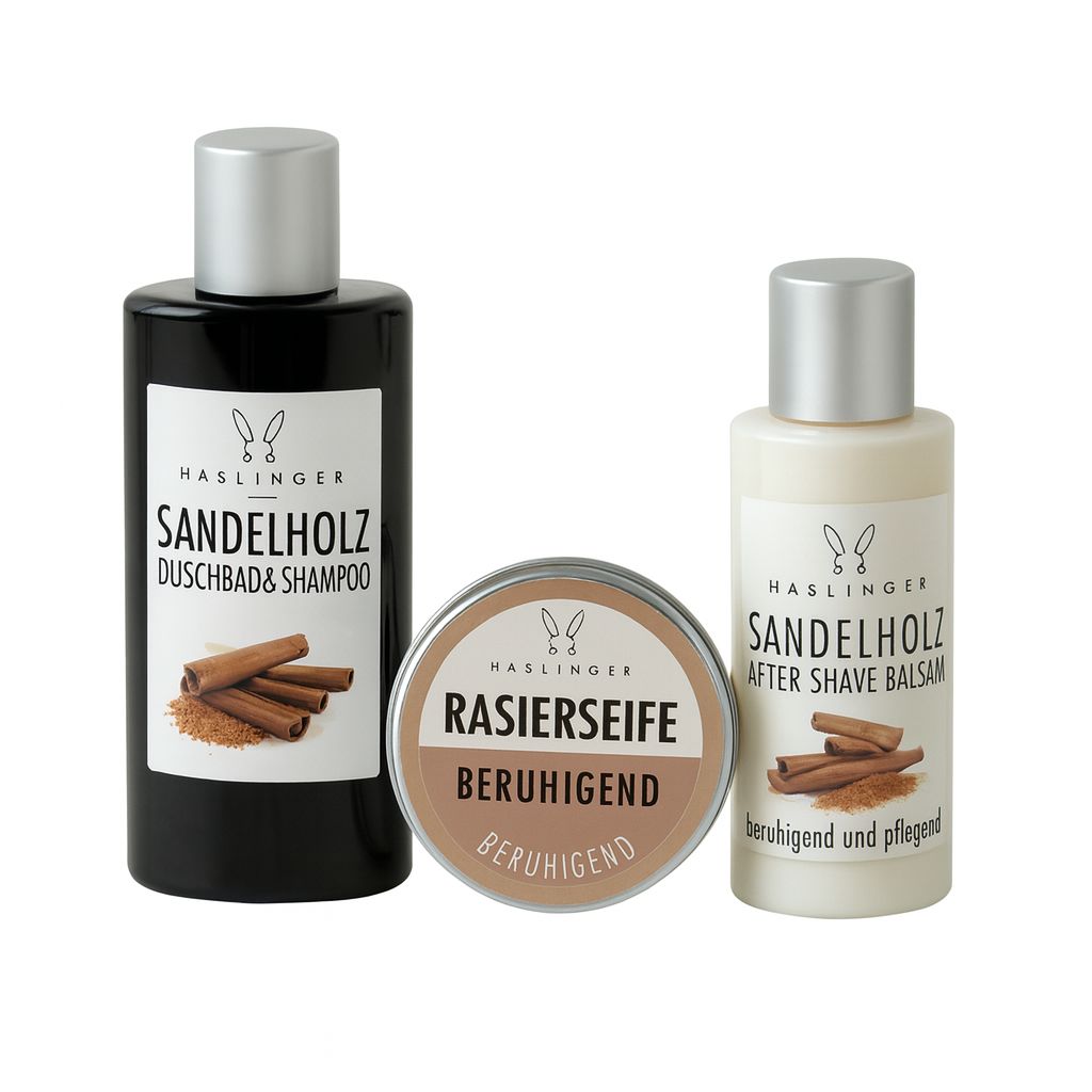 Haslinger Sandalwood Gift Set – Shower Gel & Shampoo, After Shave Balm & Shaving Soap