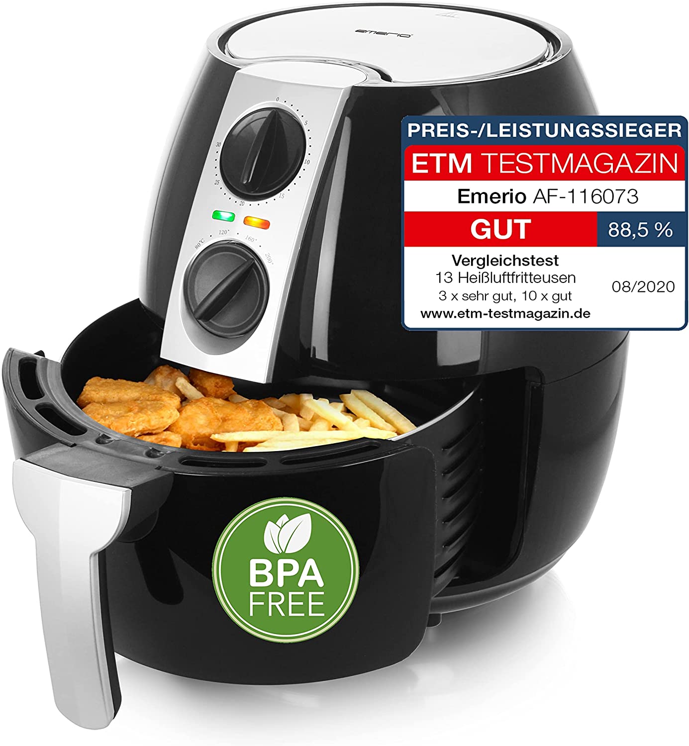 Emerio Hot Air Freyer, Airfryer, Smart Fry, Price / Performance Winner 08/2020, Frying Without Oil, Healthy, XXL, 4.5 Litre Volume, Quick Heating, Timer, 1500 Watt, Black