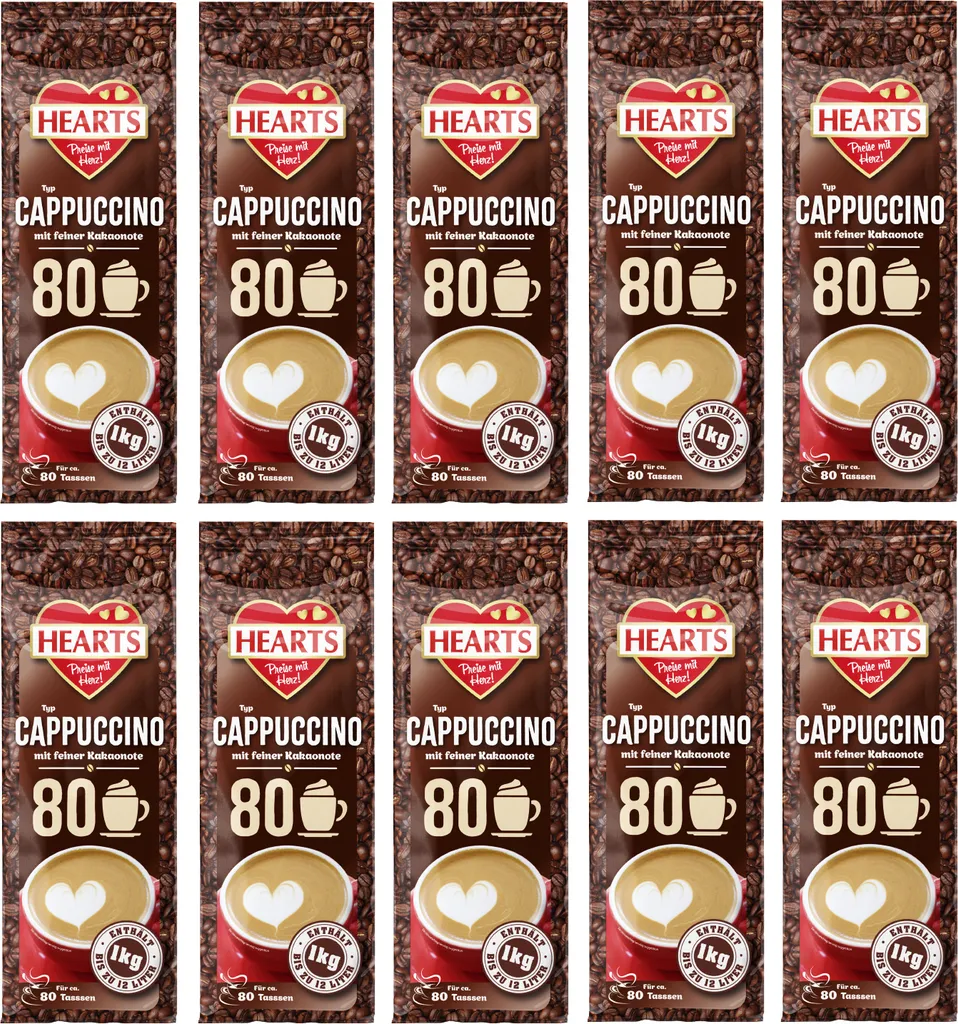 TSI Consumer Goods HEARTS Cappuccino with a fine cocoa note 10 x 1kg storage pack, chocolate aroma with fine crema