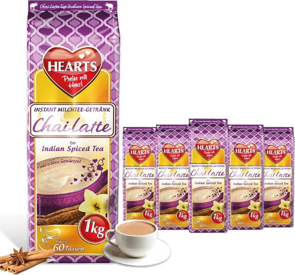 TSI Consumer Goods HEARTS Chai Latte Powder 5 x 1kg Instant Tea Drink Bulk Pack for the Whole Family 5000g