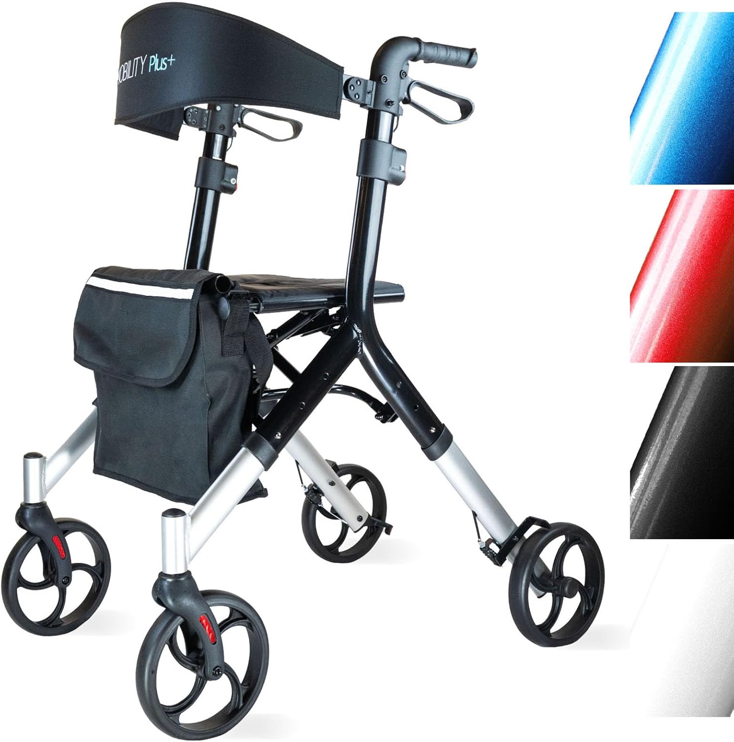 Mobility Plus+ Design Rollator DR10+ Black - Indoor & Outdoor Narrow & Foldable - Height-Adjustable Walking Aid for Seniors with Back Strap & Bag - Internal Brake Cables without Disturbing Cables