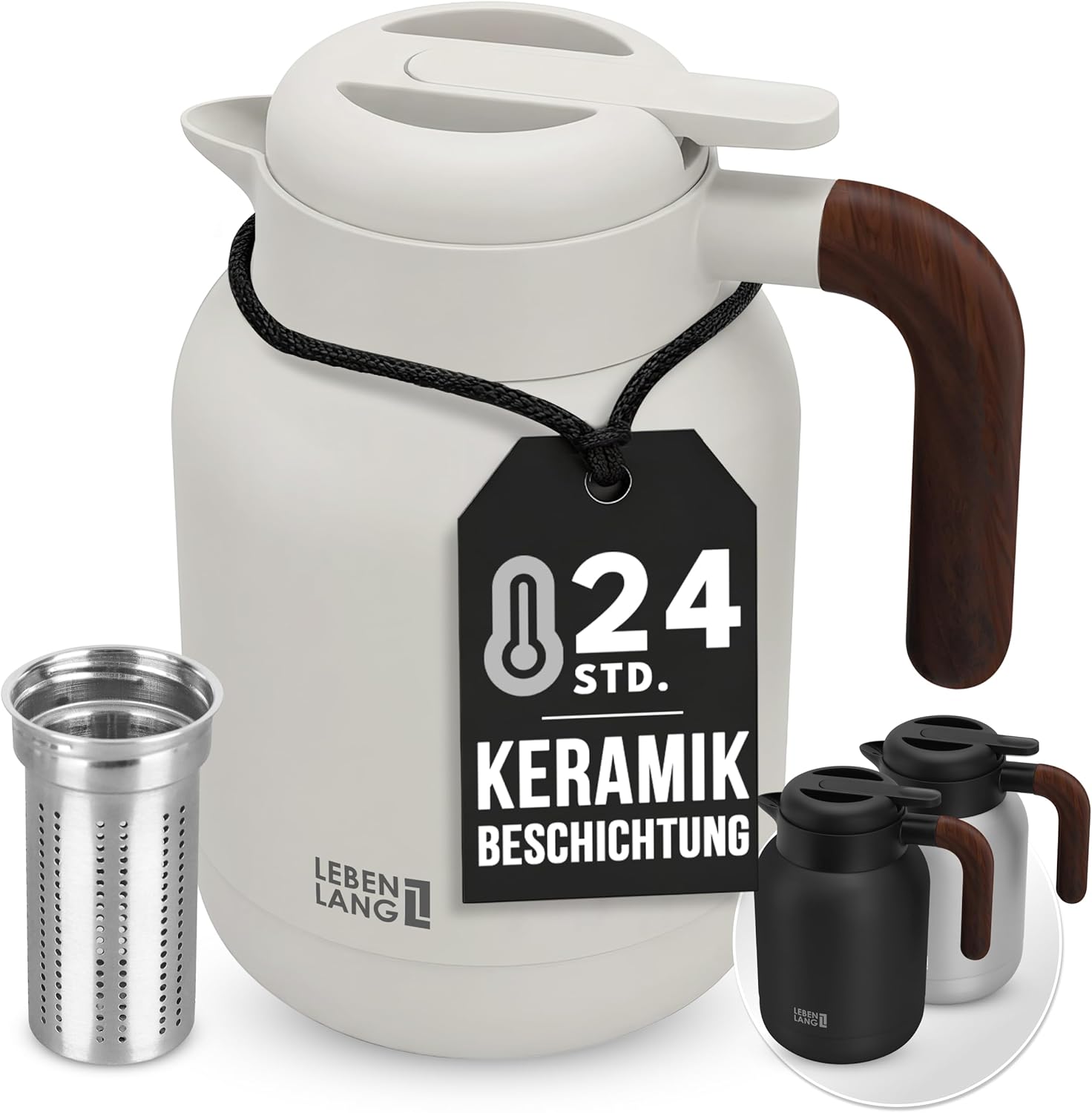 LEBENLANG Thermos Flask 1.5 L Ceramic Coating - Includes Tea Strainer I 24 Hours Hot I Coffee Pot Coffee & Teapot with Strainer Insert I Thermal Flask Tea Thermal Jug Thermos Flasks 1 5 Liters